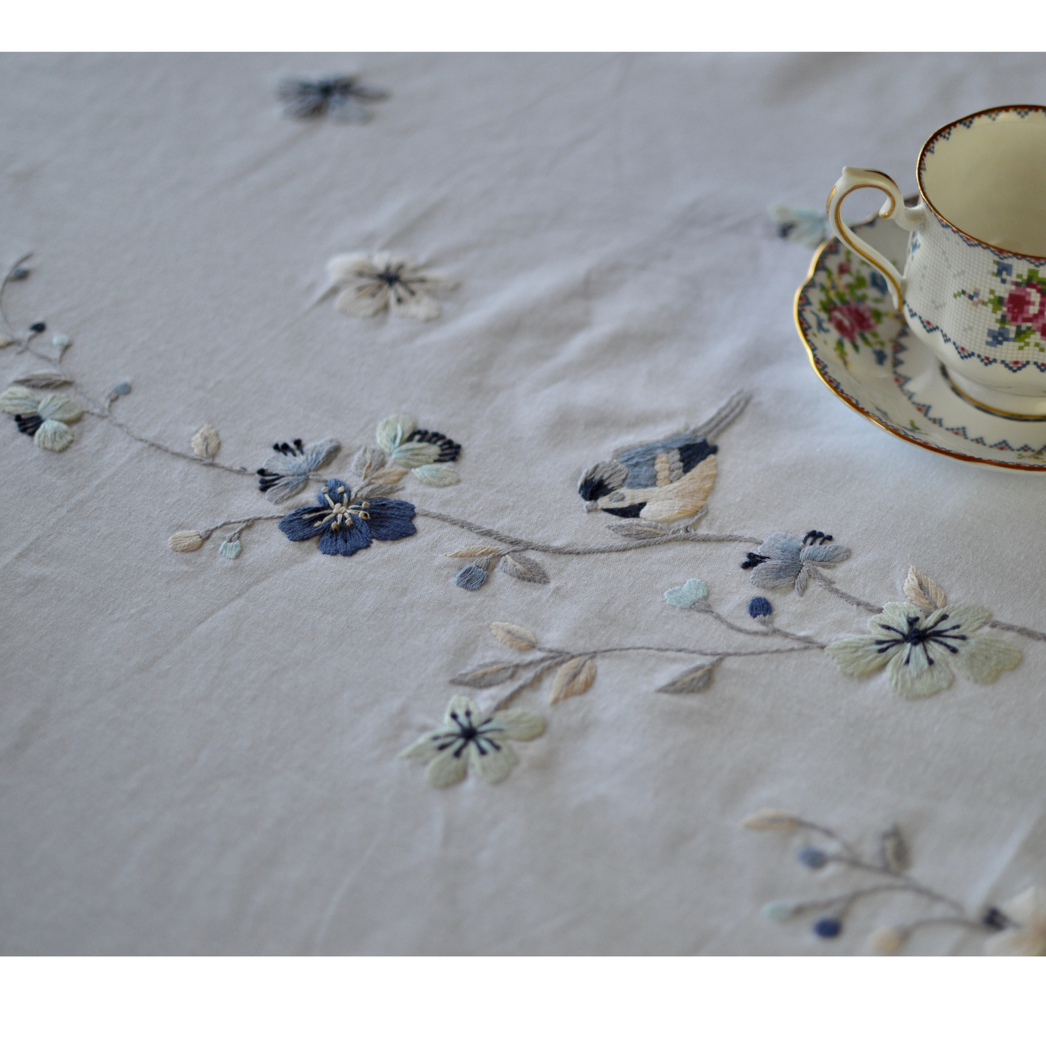 Hand embroidered Table Runner-Blue Apricot