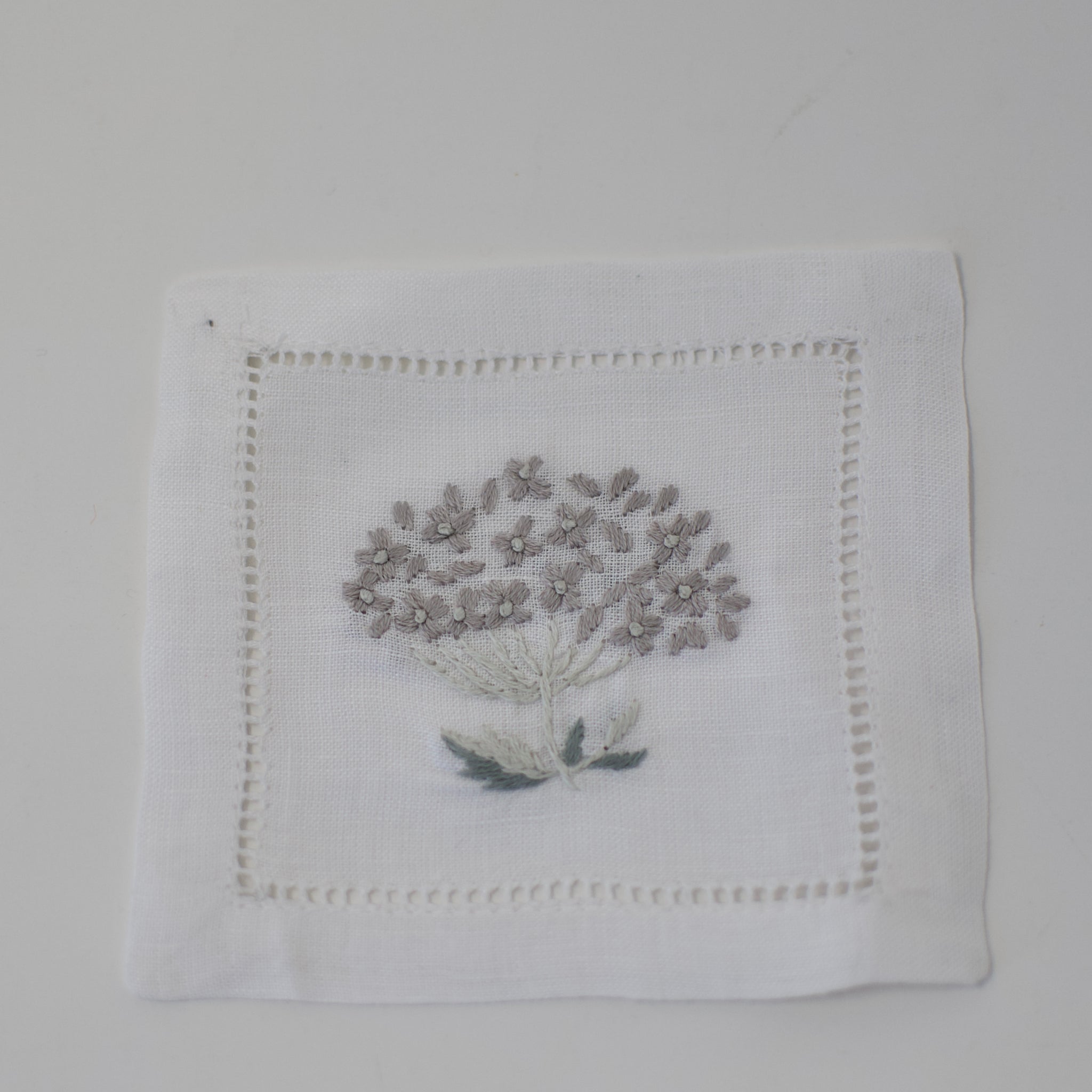 Hand embroidered Linen Coasters and Cocktail Napkins-Hydrangea