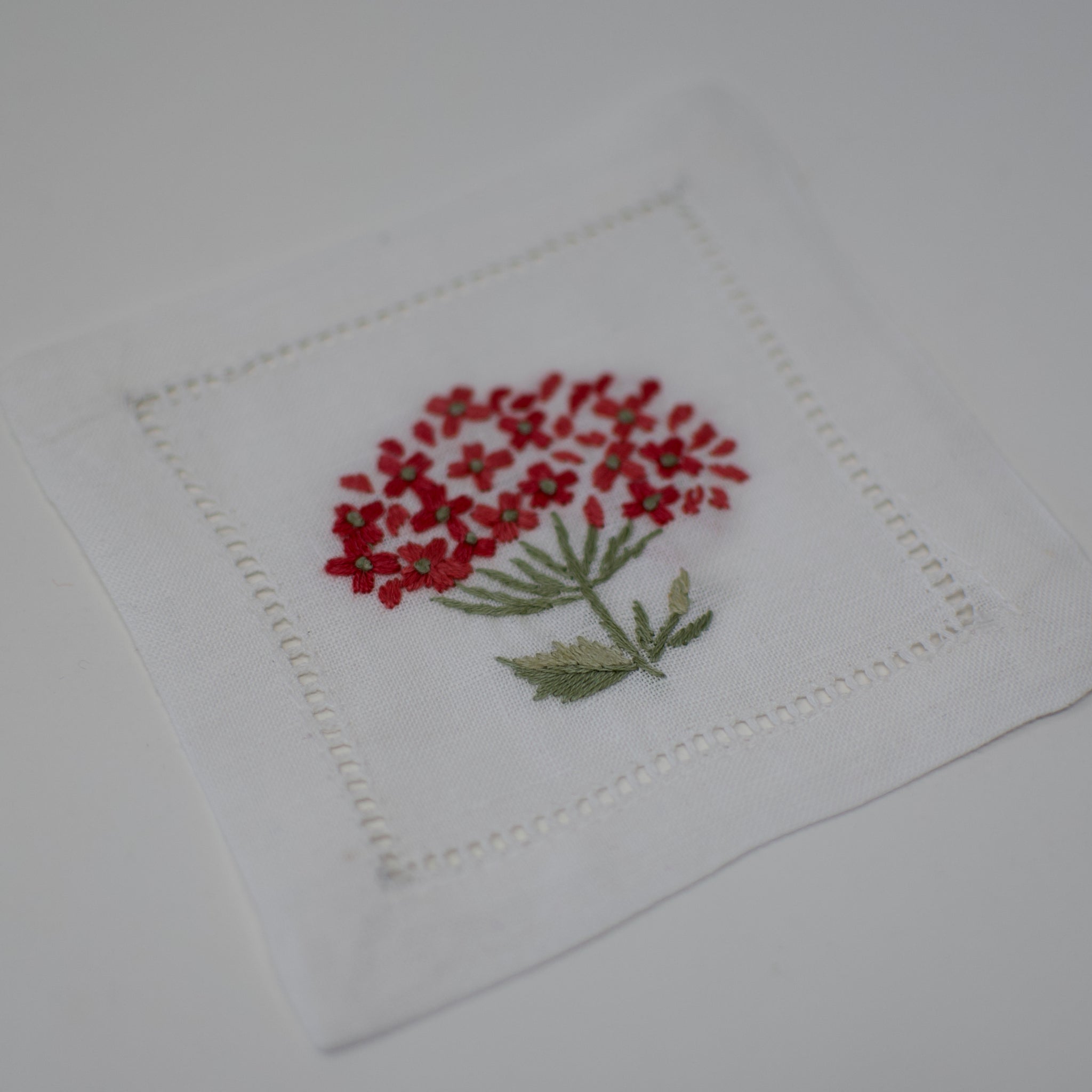 Hand embroidered Linen Coasters and Cocktail Napkins-Hydrangea Embroidery