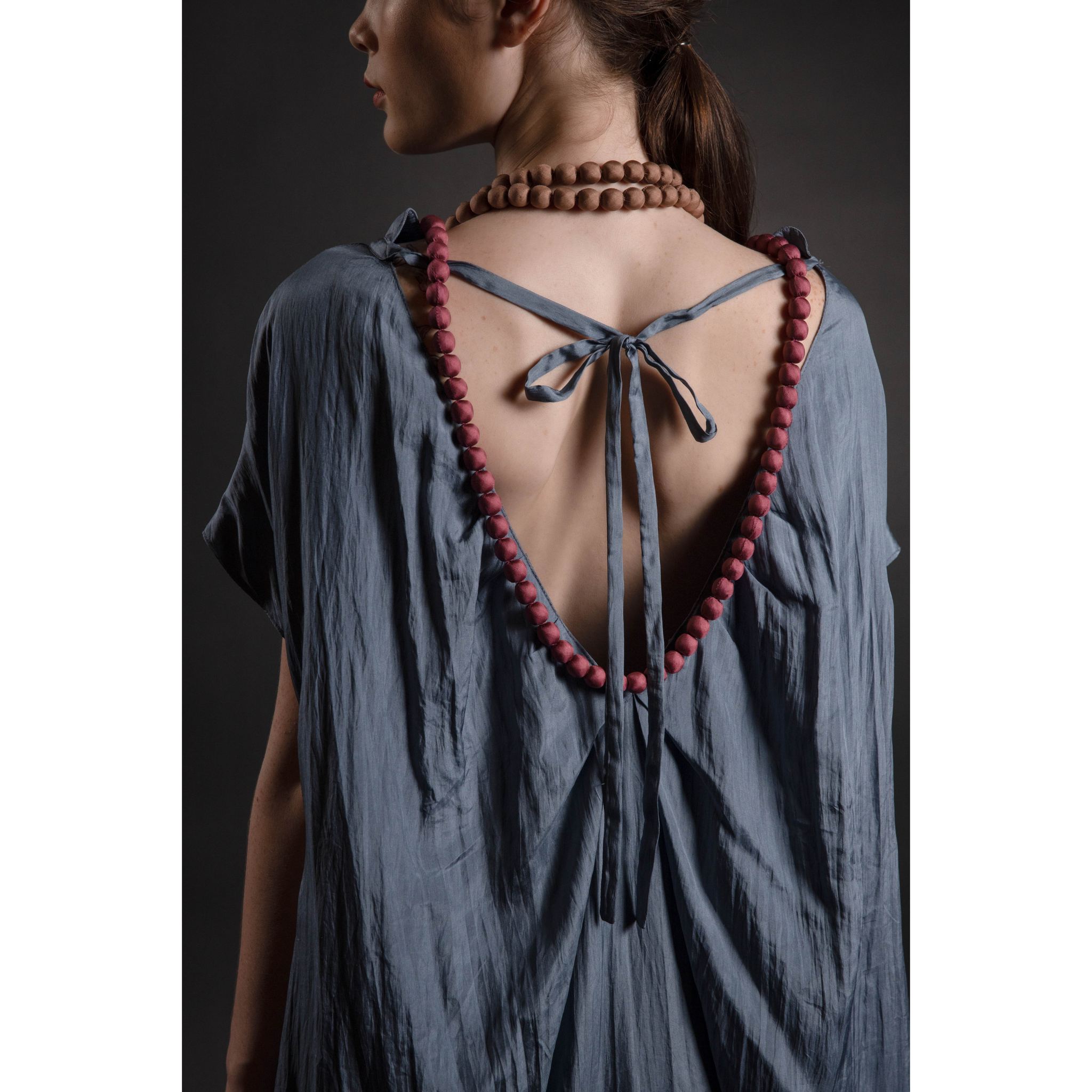 Silk Dress Open Back Drawstrings Tie Midi- Khara