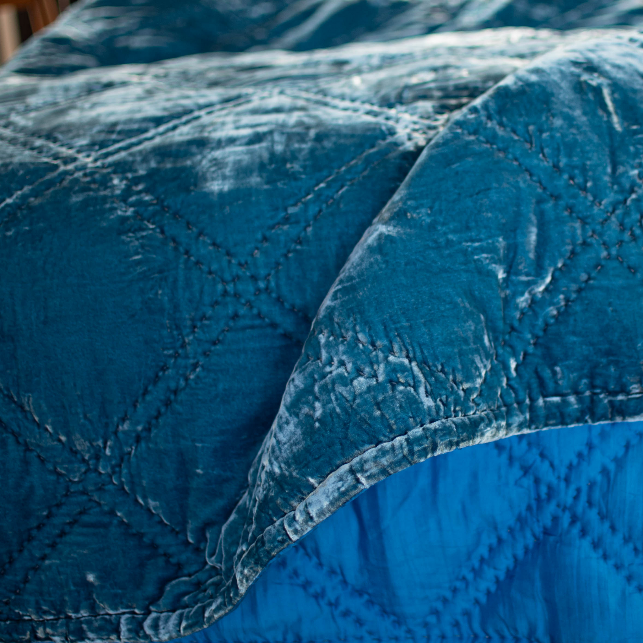 Silk Velvet Quilt Duvet -Double Diamond Hand Stitching- Artisan made - Teal