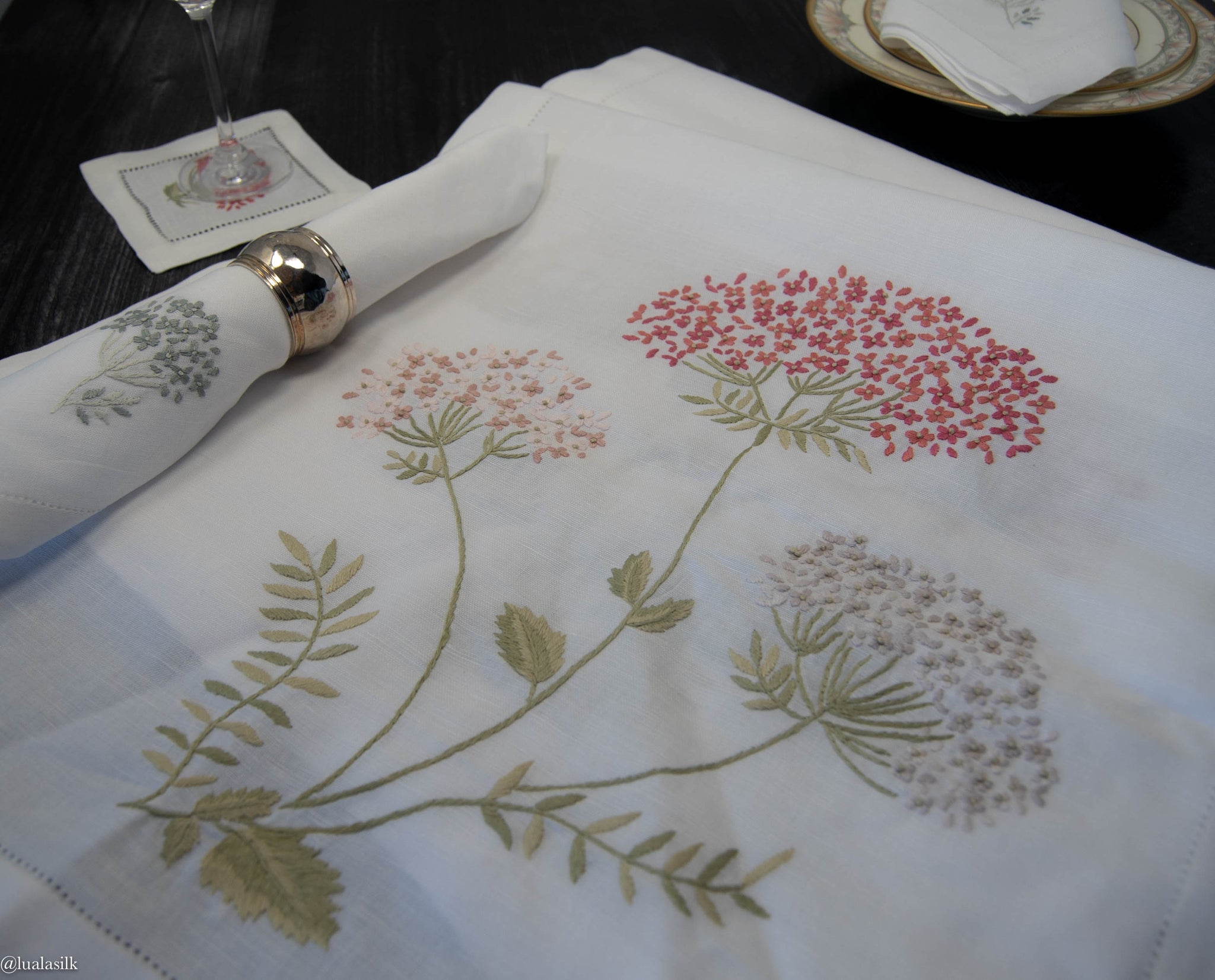 Hand embroidered Table Runner-Hydrangea Flower