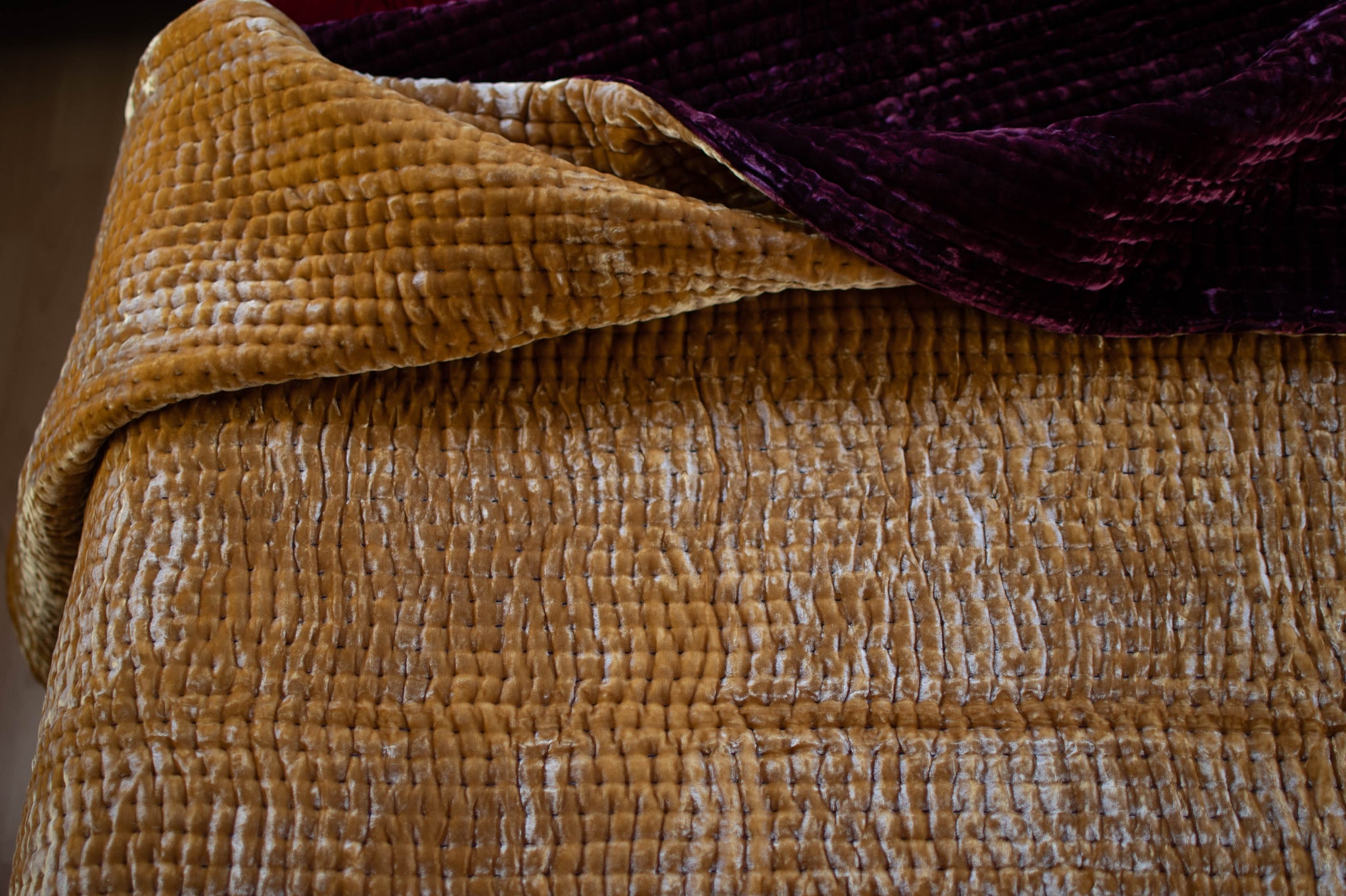 Kantha Silk Velvet Quilt & Shams-Line Hand Stitch- Burgundy & Curry