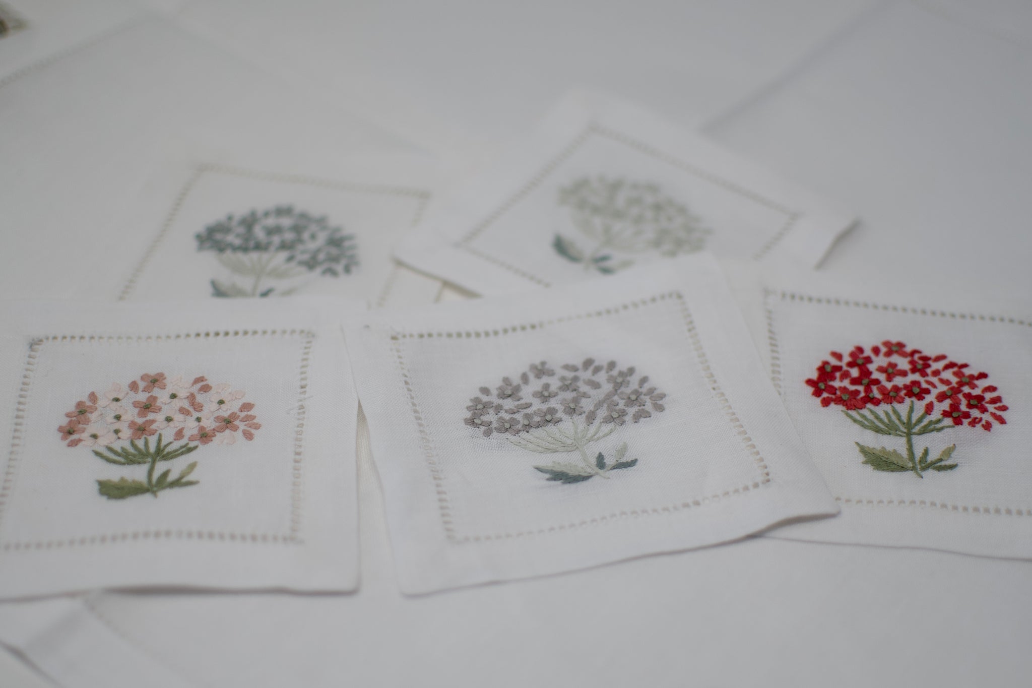 Hand embroidered Linen Coasters and Cocktail Napkins-Hydrangea