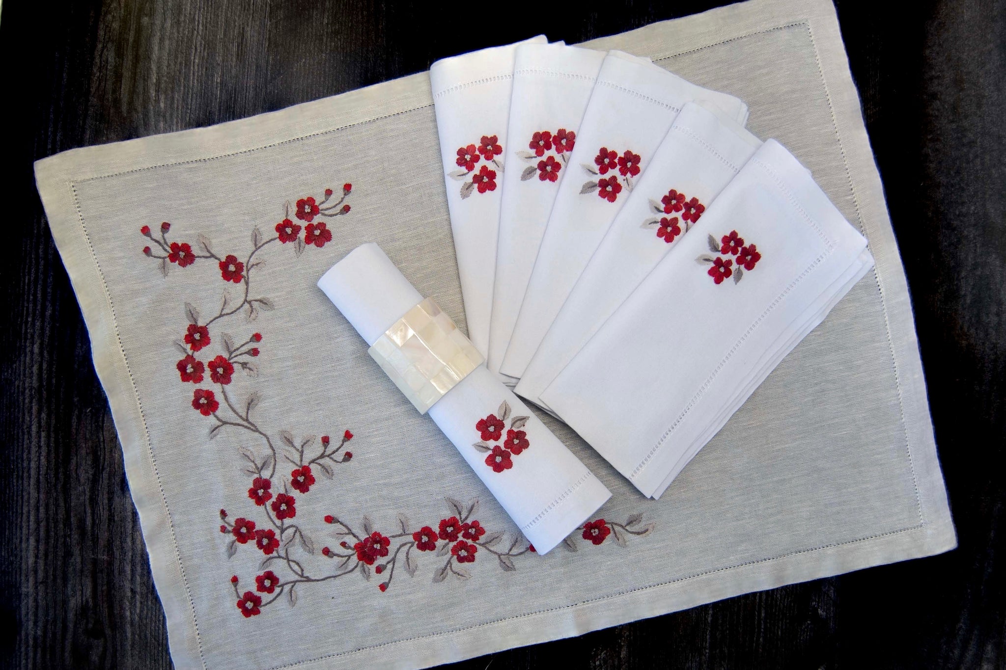 Hand embroidered Linen Placemat and Napkin set-Red Blossom Embroidery
