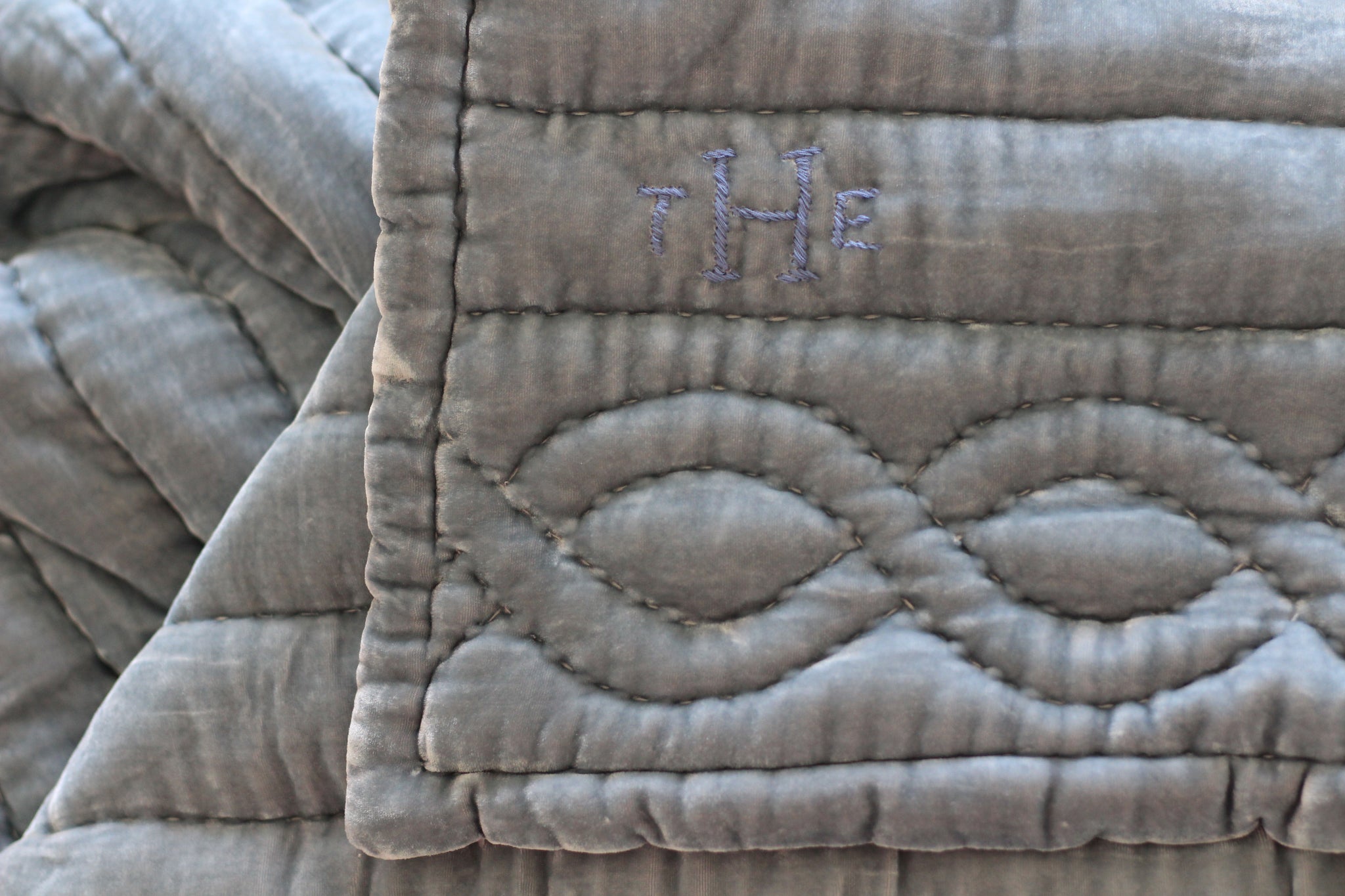 Silk Velvet Quilted Duvet Bed- Borderline Hand stitch-Pewter Blue