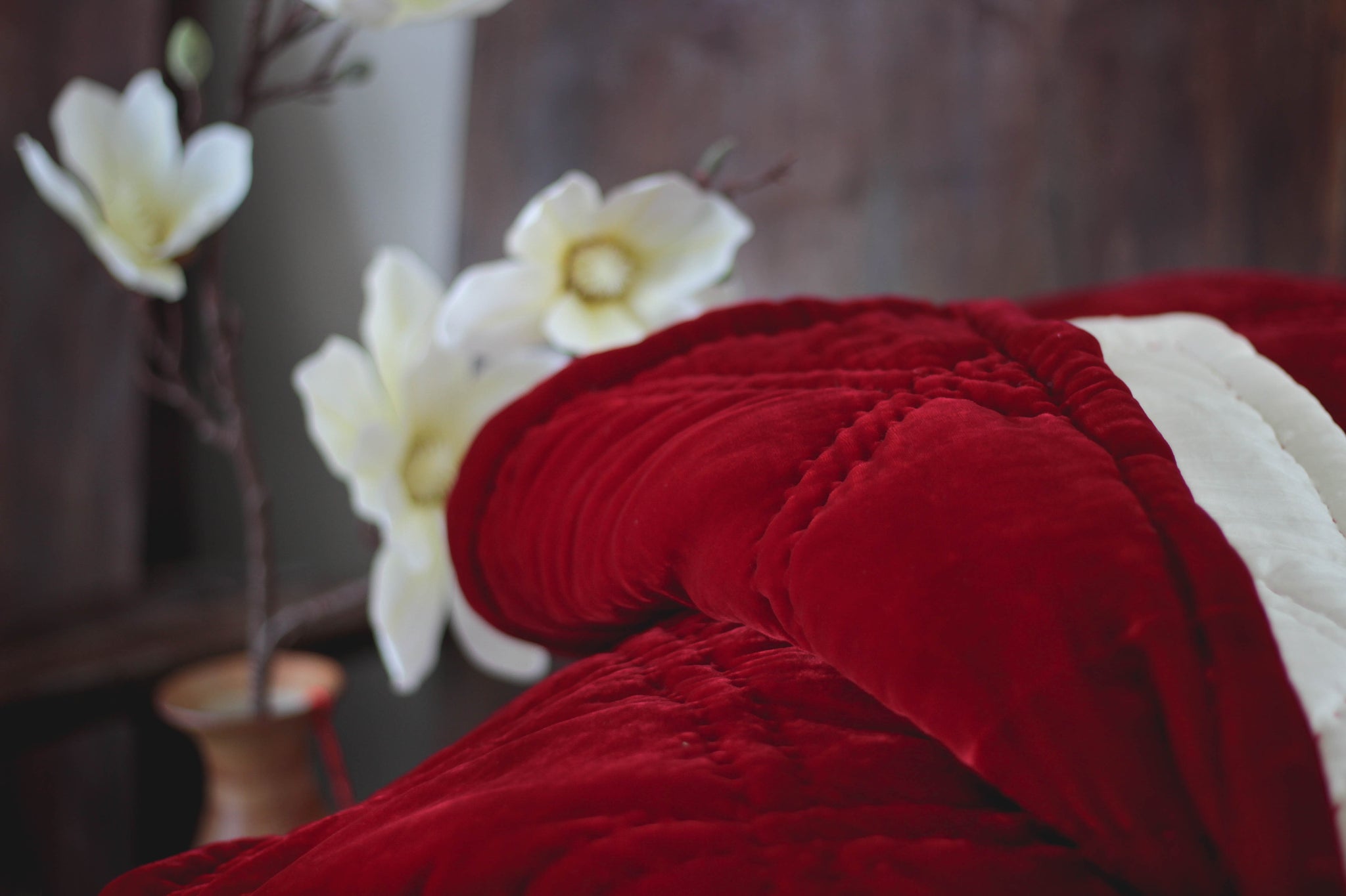 Silk Velvet Hand Quilted Duvet Coverlet -Double Diamond Hand Stitching- Red Rose