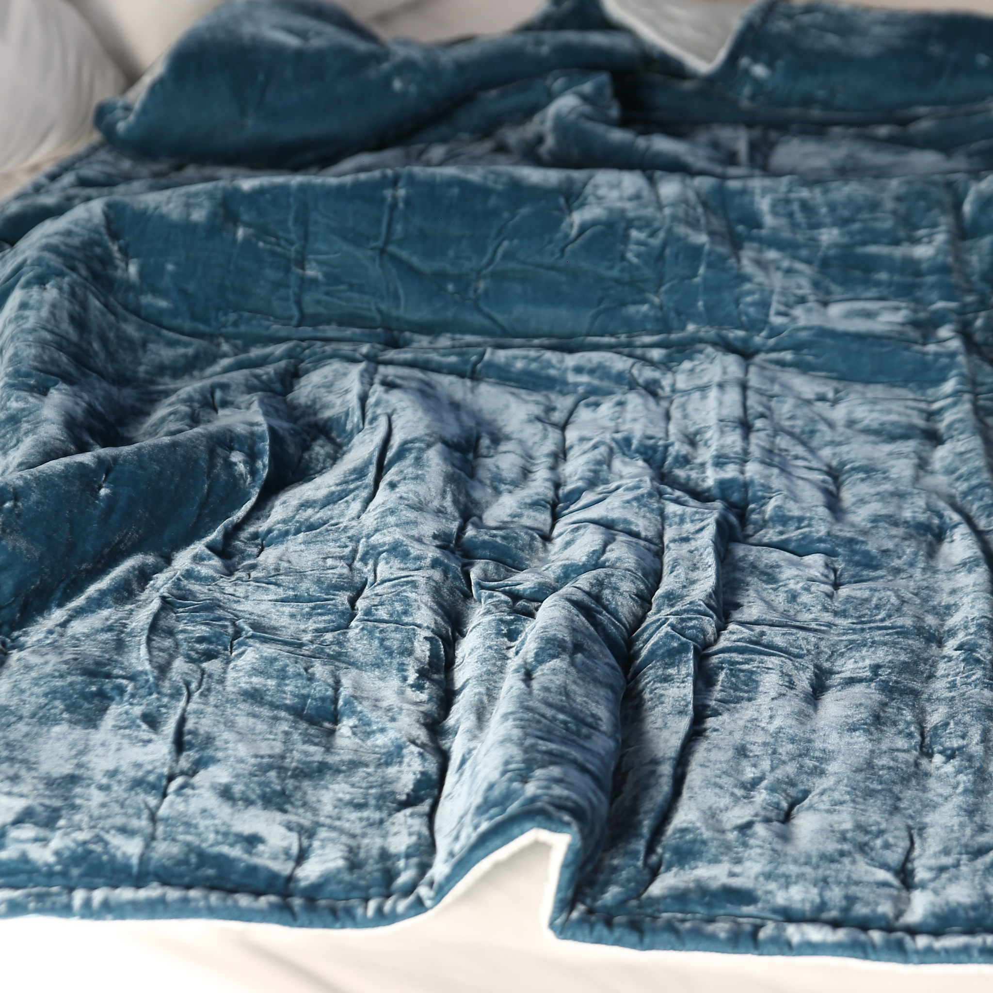 Silk Velvet Linen Throw Quilted-Starry Hand Stitching-Midnight Blue