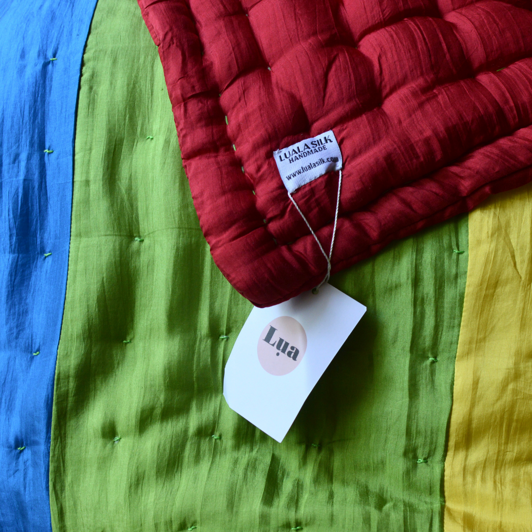 Mulberry Silk Quilt and Shams Bedding Set- Box Hand Stitched-Rainbow