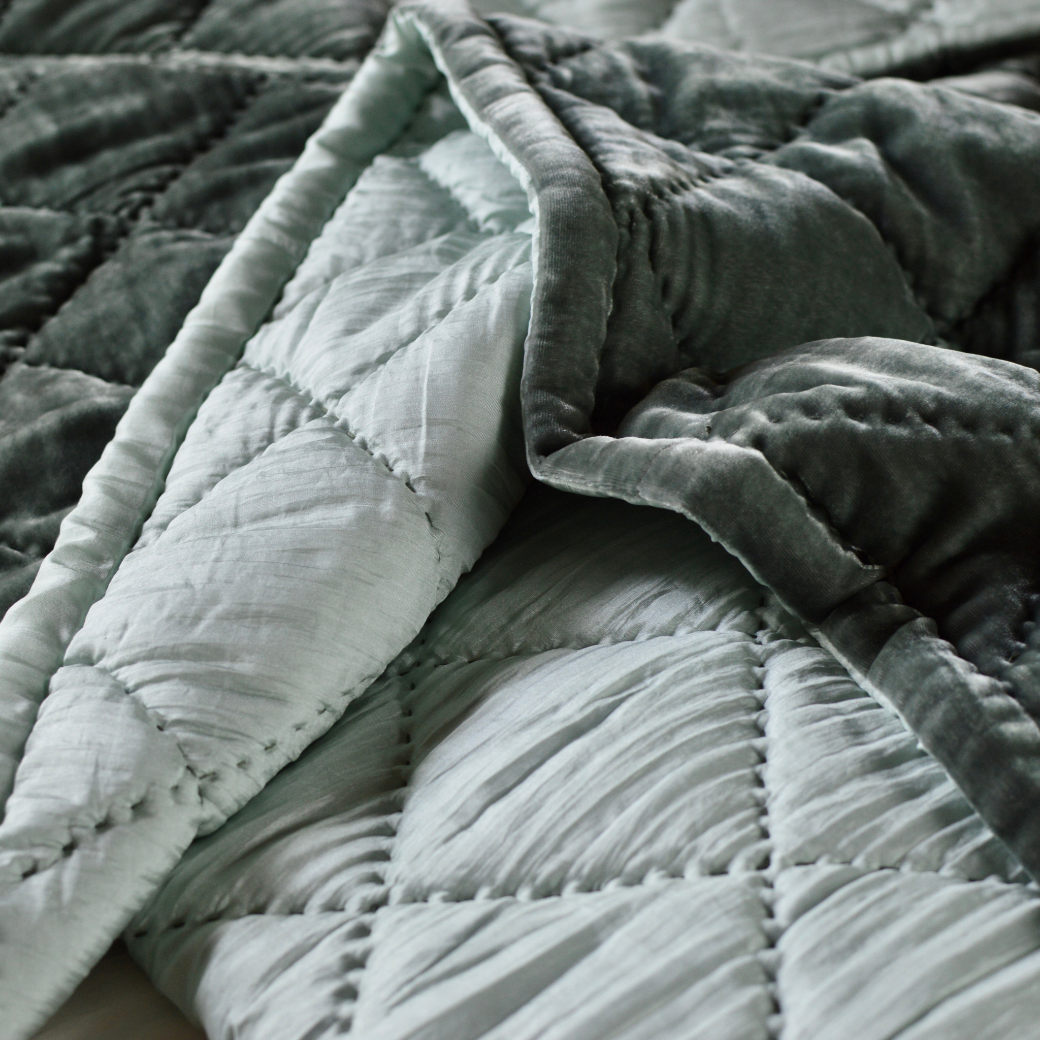 Silk Velvet Hand Quilted Duvet Covers -Diamond Hand Stitching- Seaweed & Mint