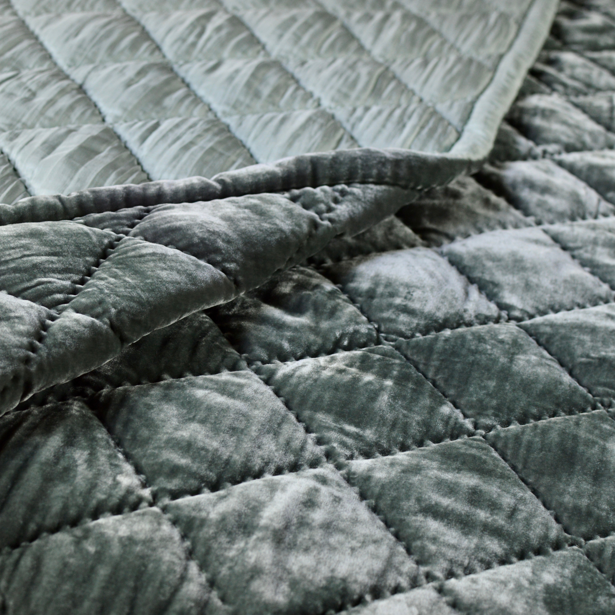 Silk Velvet Hand Quilted Duvet Covers -Diamond Hand Stitching- Seaweed & Mint