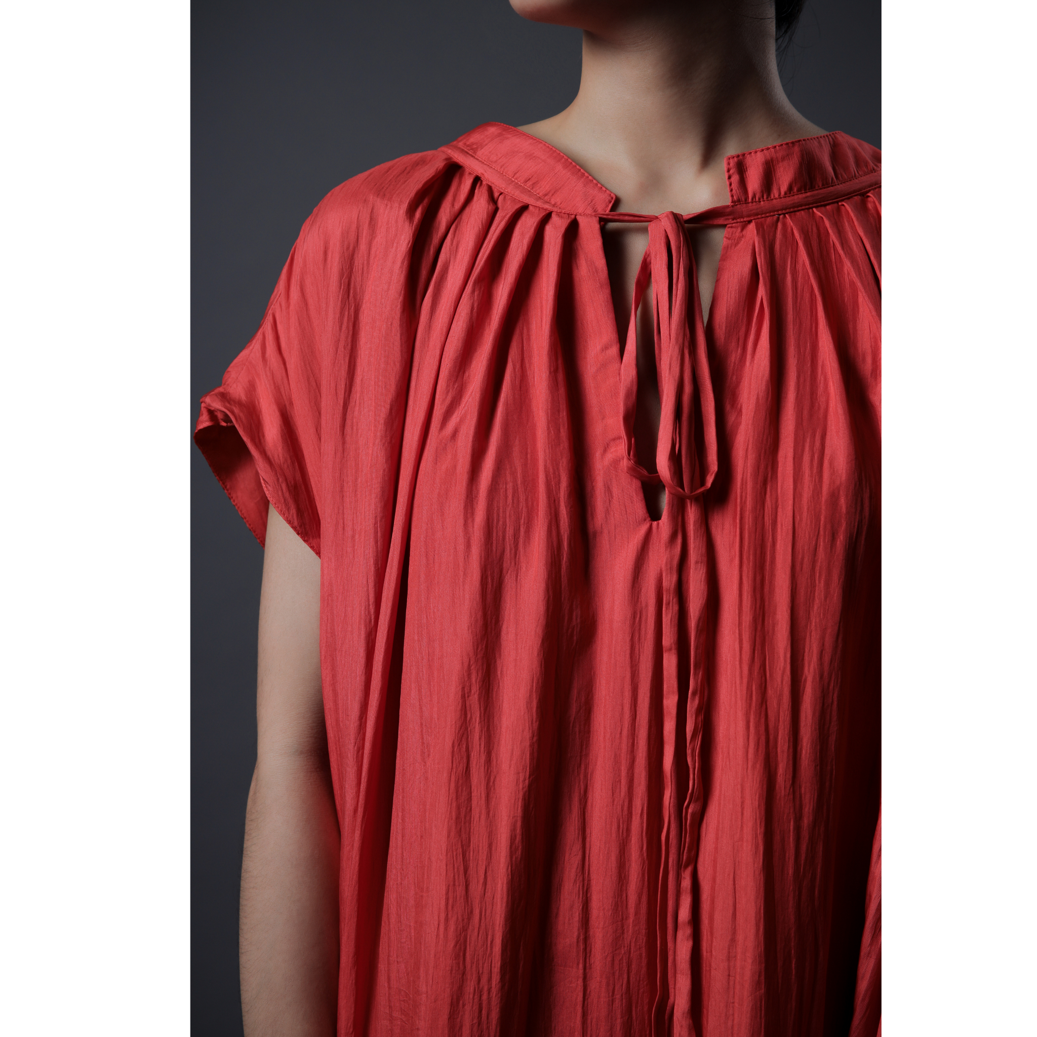 Silk Dress Open Back Drawstrings Tie Midi- Khara - Red Dress