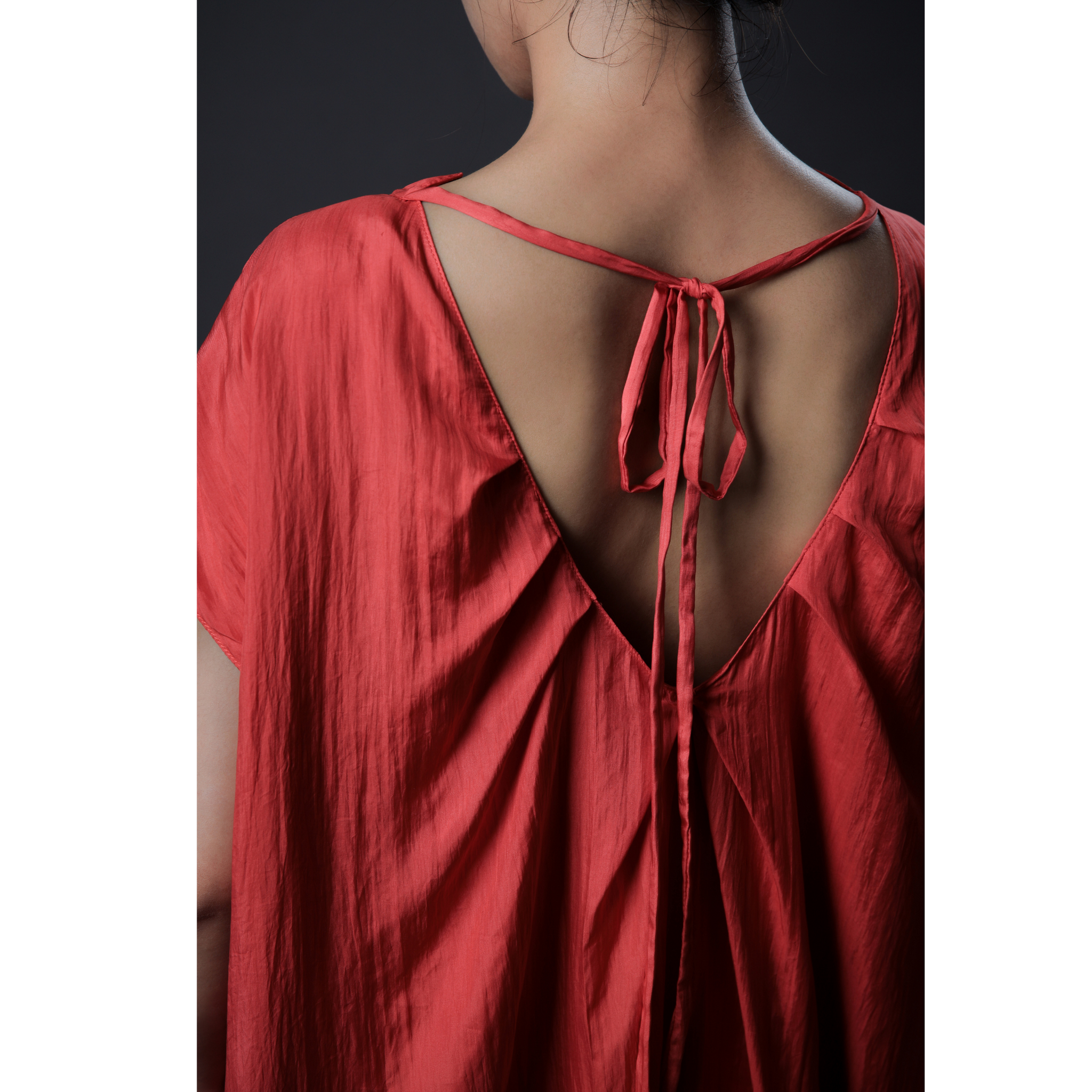 Silk Dress Open Back Drawstrings Tie Midi- Khara - Red Dress