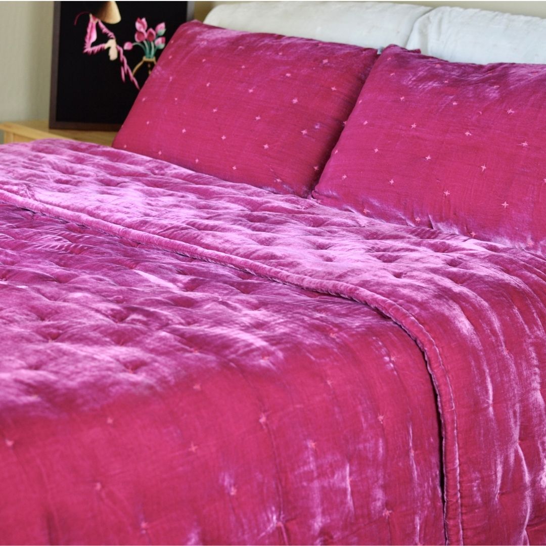 Starry Silk Velvet Duvet - Hand Quilted Blanket - Magenta Pink Double Sided Silk Velvet