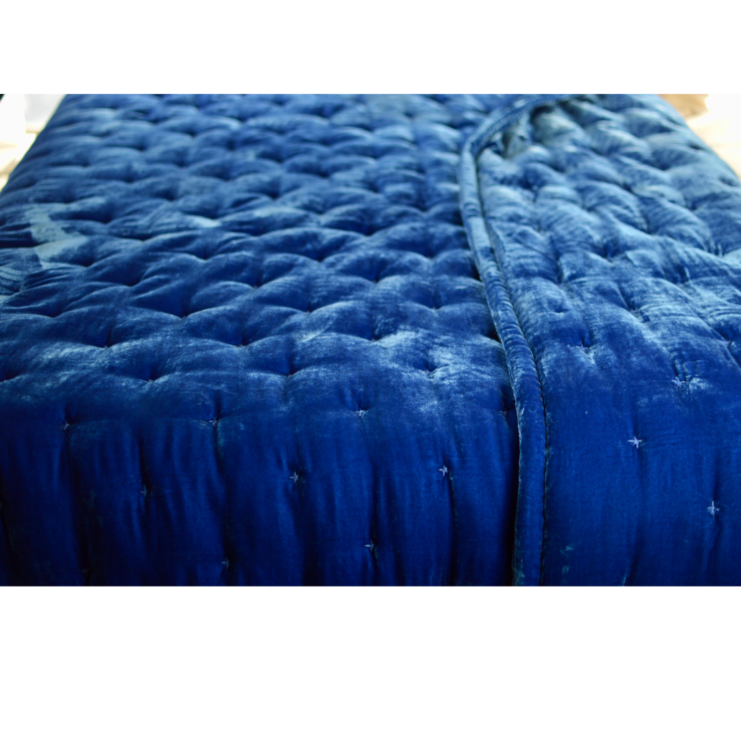 Starry Silk Velvet Duvet - Hand Quilted Hand Stitched - Egyptian Blue double sided Silk Velvet