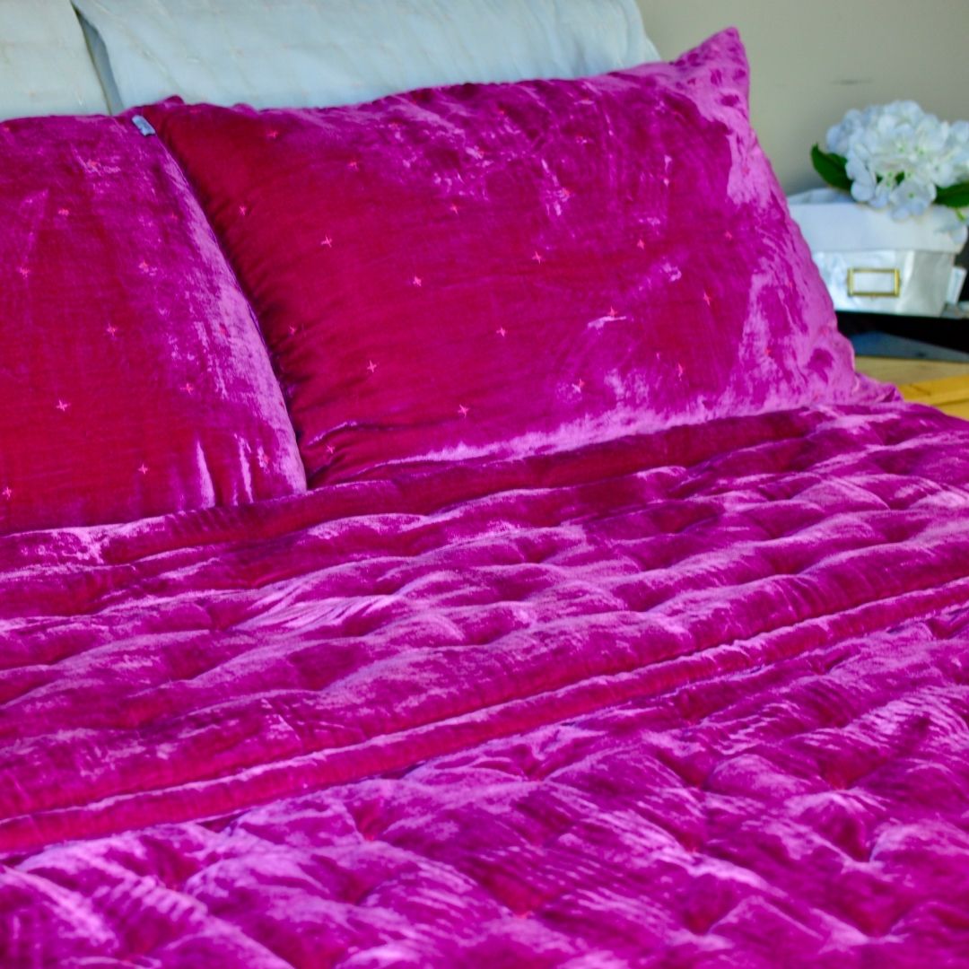 Starry Silk Velvet Duvet - Hand Quilted Blanket - Magenta Pink Double Sided Silk Velvet