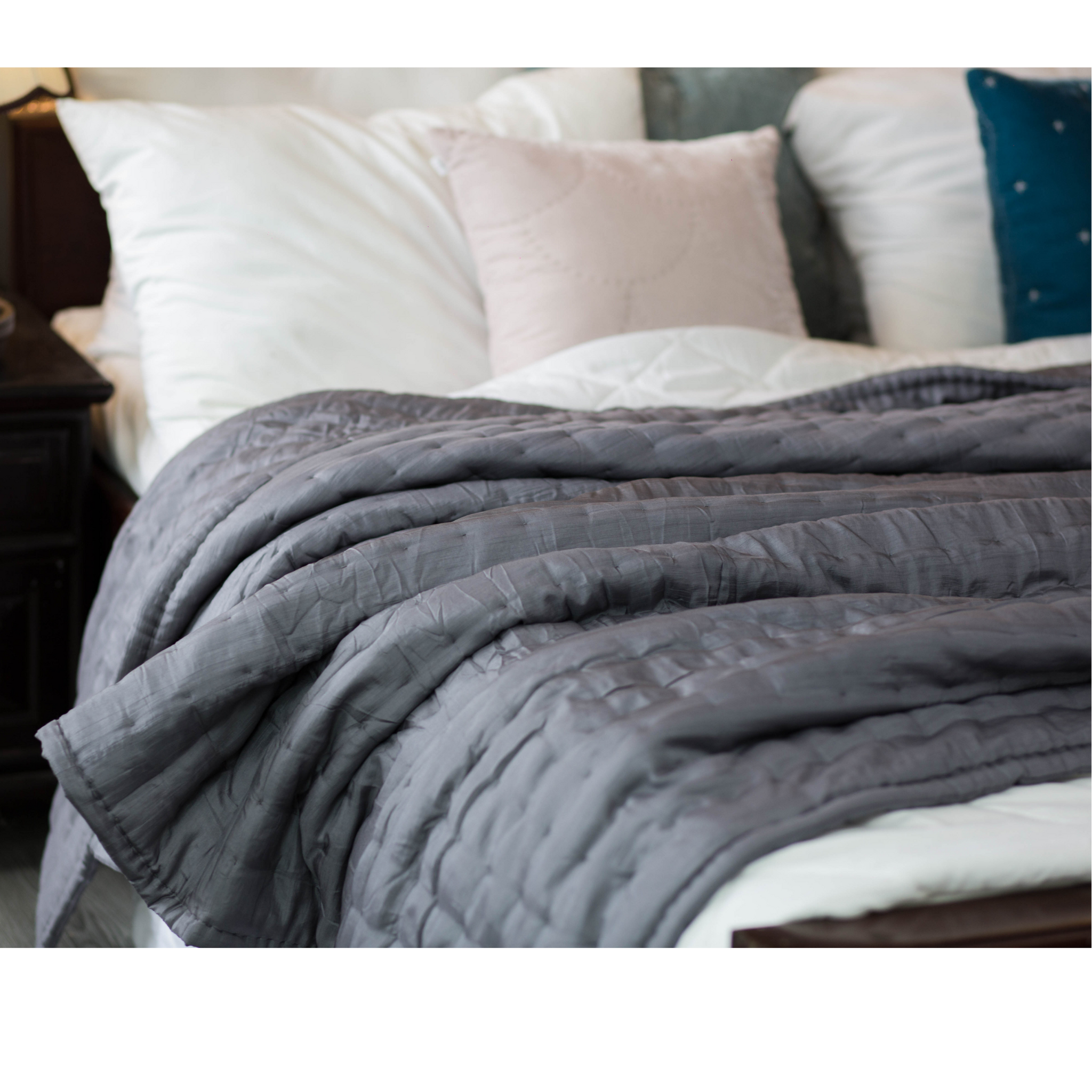 Mulberry Silk Bedding Set- Gray Blanket & Shams - Box Hand Stitched by artisans