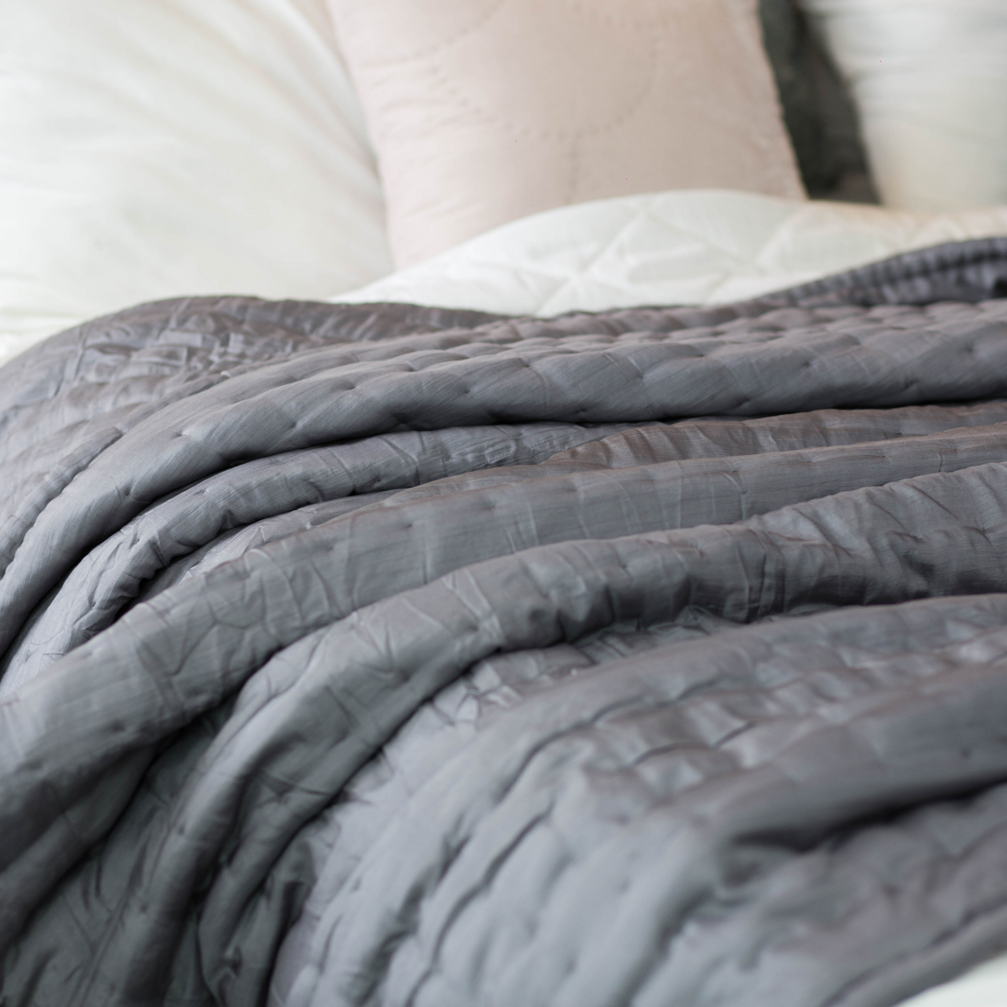 Mulberry Silk Bedding Set- Gray Blanket & Shams - Box Hand Stitched by artisans