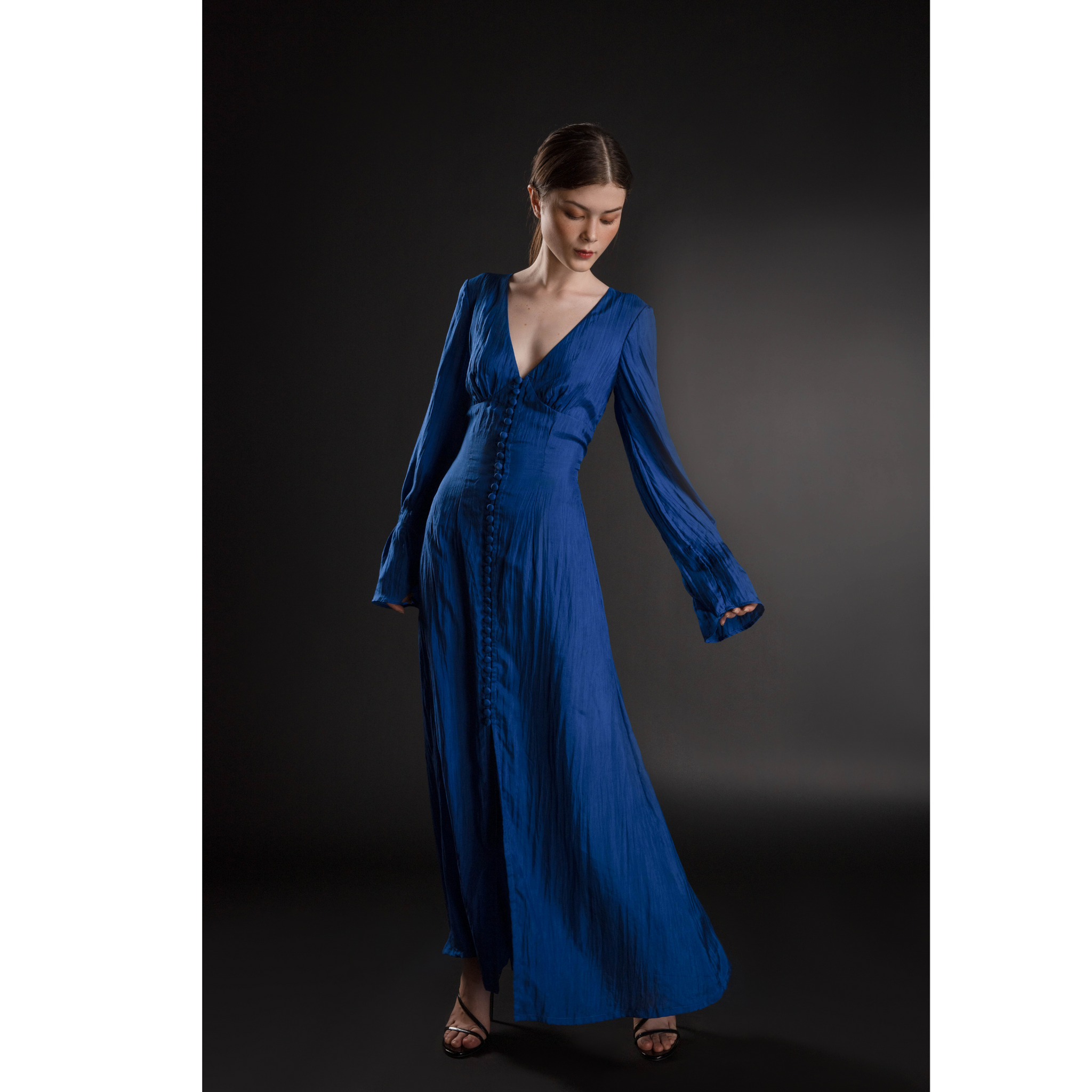 Solid Long Sleeve V Neck Button Front Silk Dress-Breeze