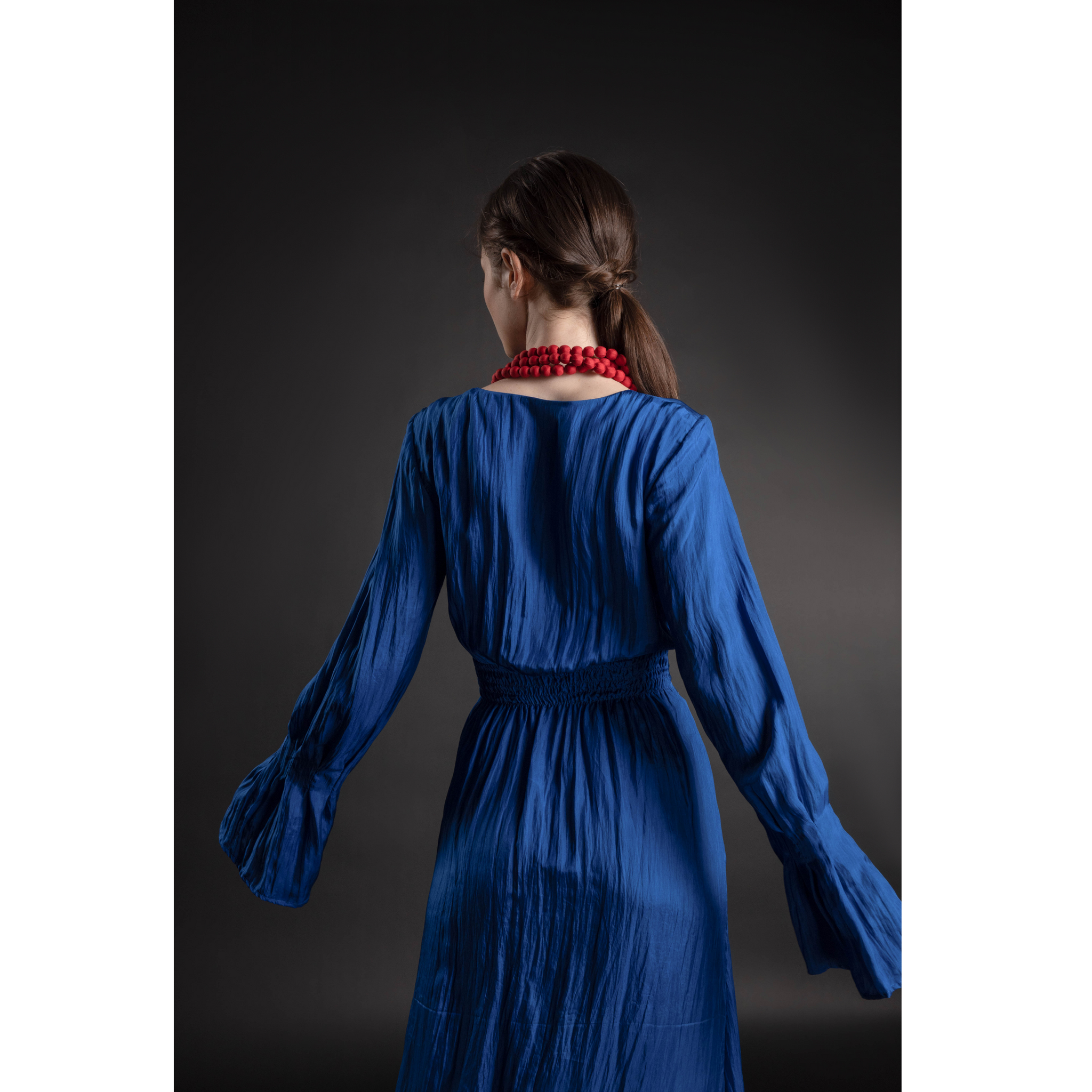 Solid Long Sleeve V Neck Button Front Silk Dress-Breeze