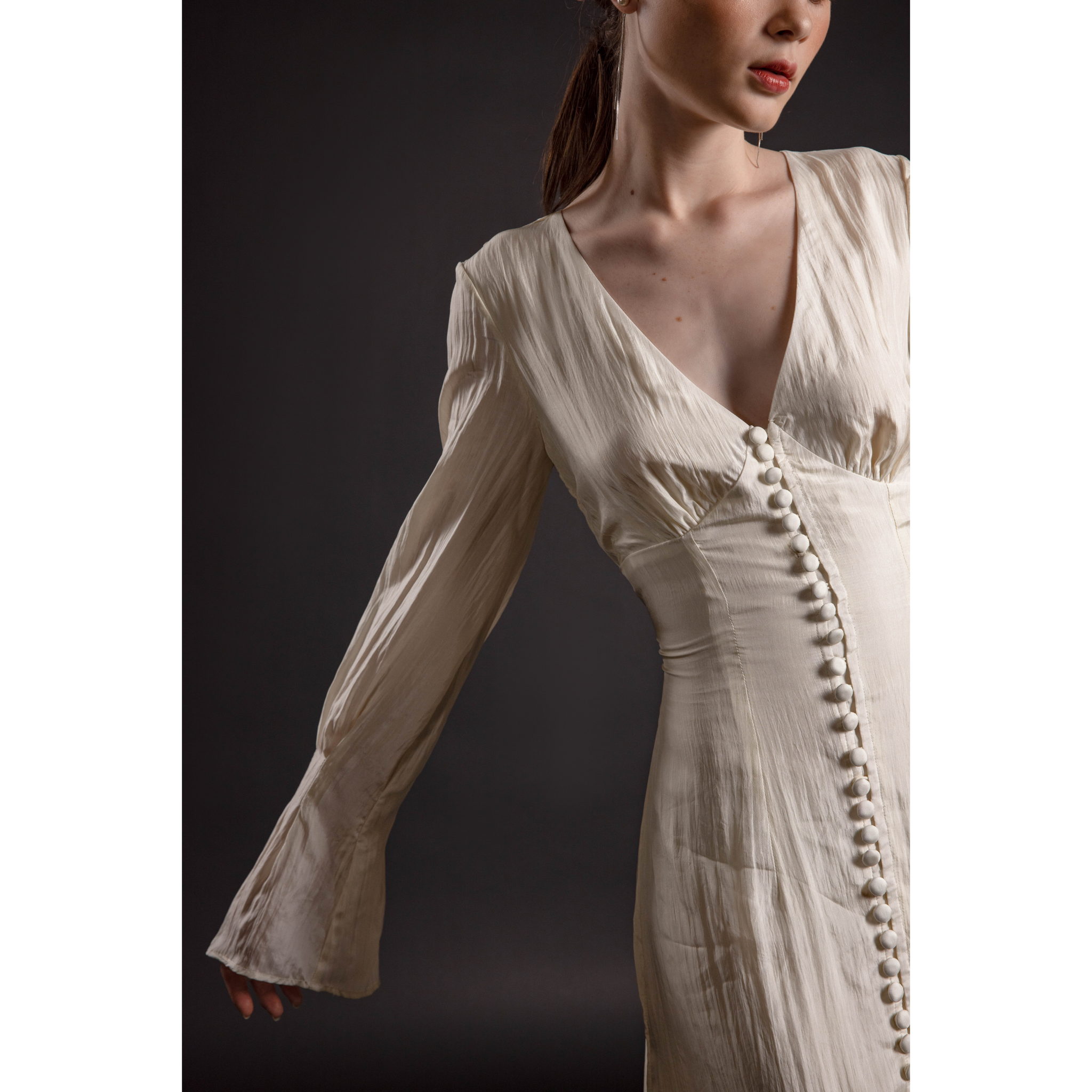 Solid Long Sleeve V Neck Button Front Casual Dress - Luala Silk Dress - Pearl
