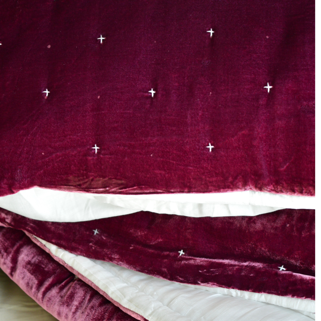 Silk Velvet Hand Quilted Bedspreads- Starry Hand Stitching- Burgundy