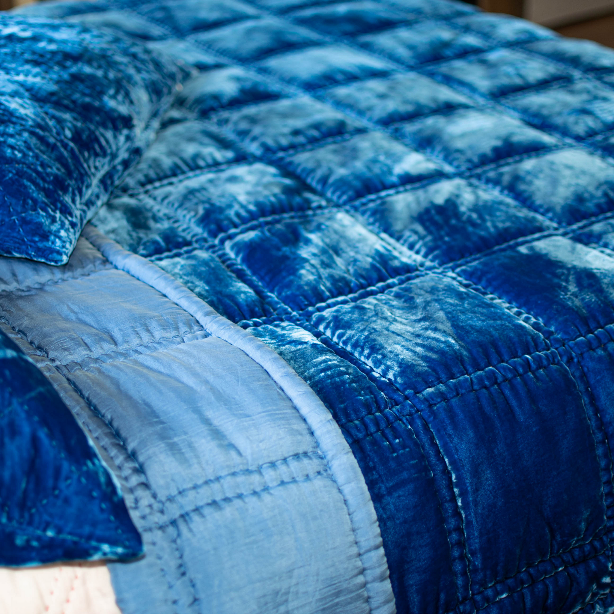 Silk Velvet Hand Quilted Bedspread- Big Square Hand Stitch-Egyptian Blue Personalized Monogramed Blanket