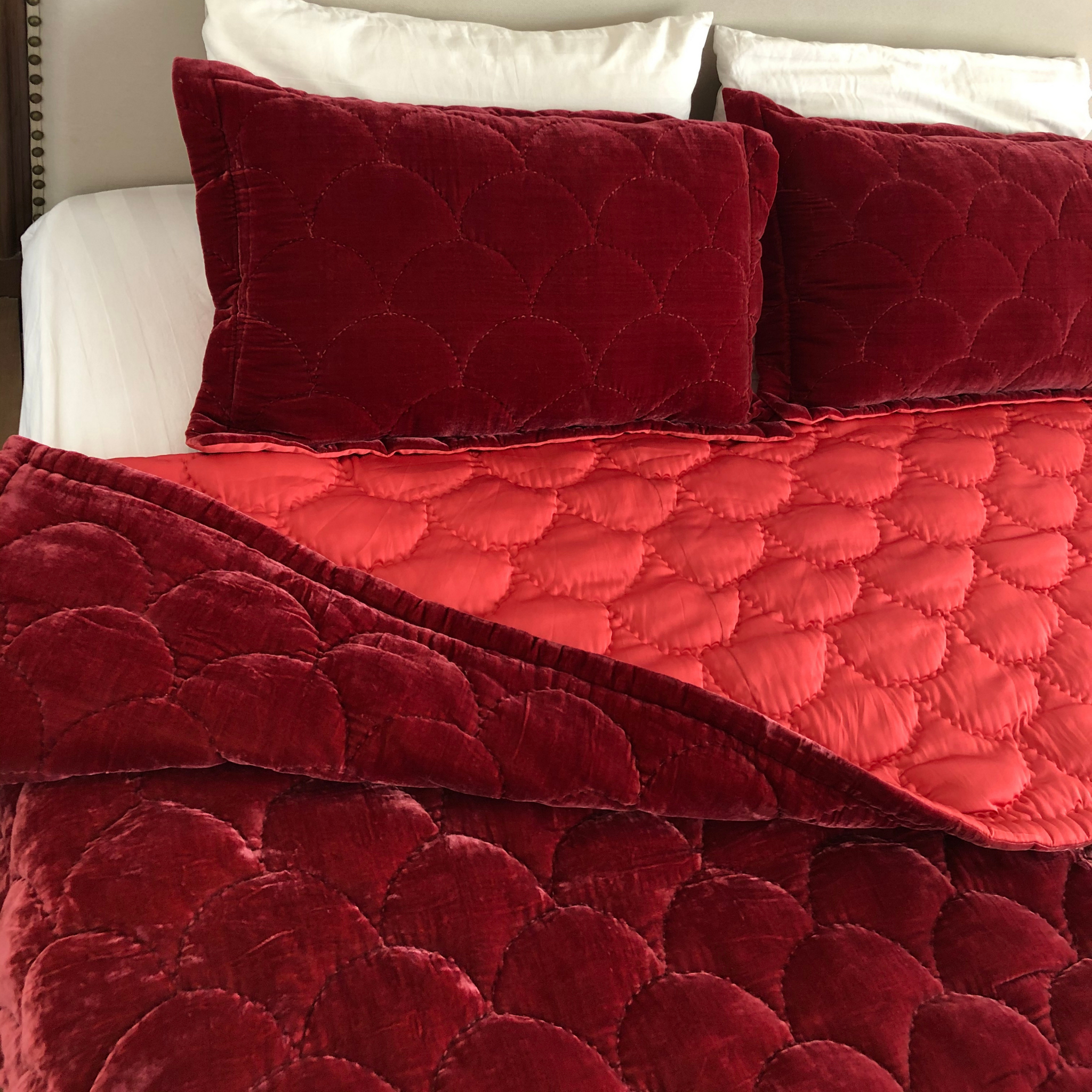 Silk Velvet Comforter Set - Hand Quilted Duvet -Fish Scale Hand Stitching- Red Rose