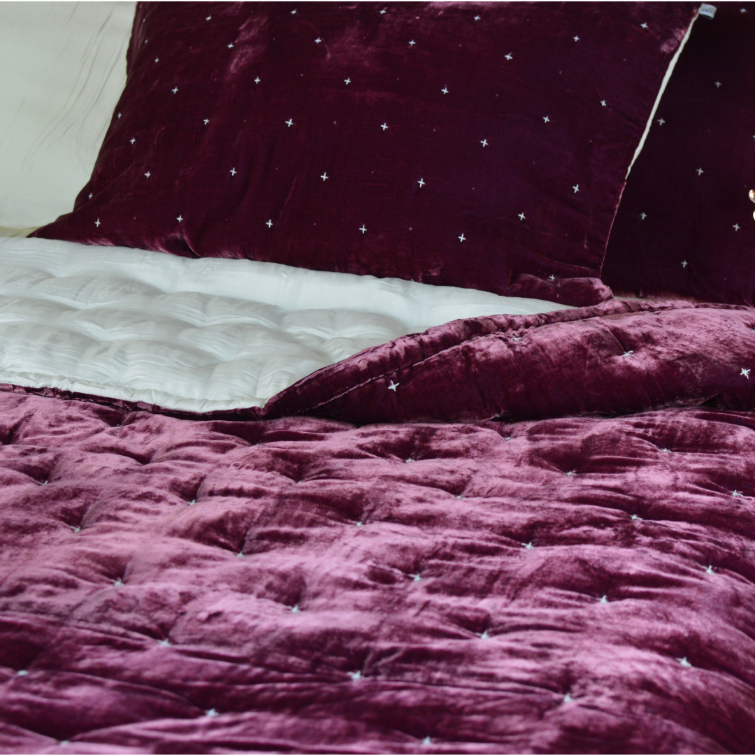 Silk Velvet Hand Quilted Bedspreads- Starry Hand Stitching- Burgundy