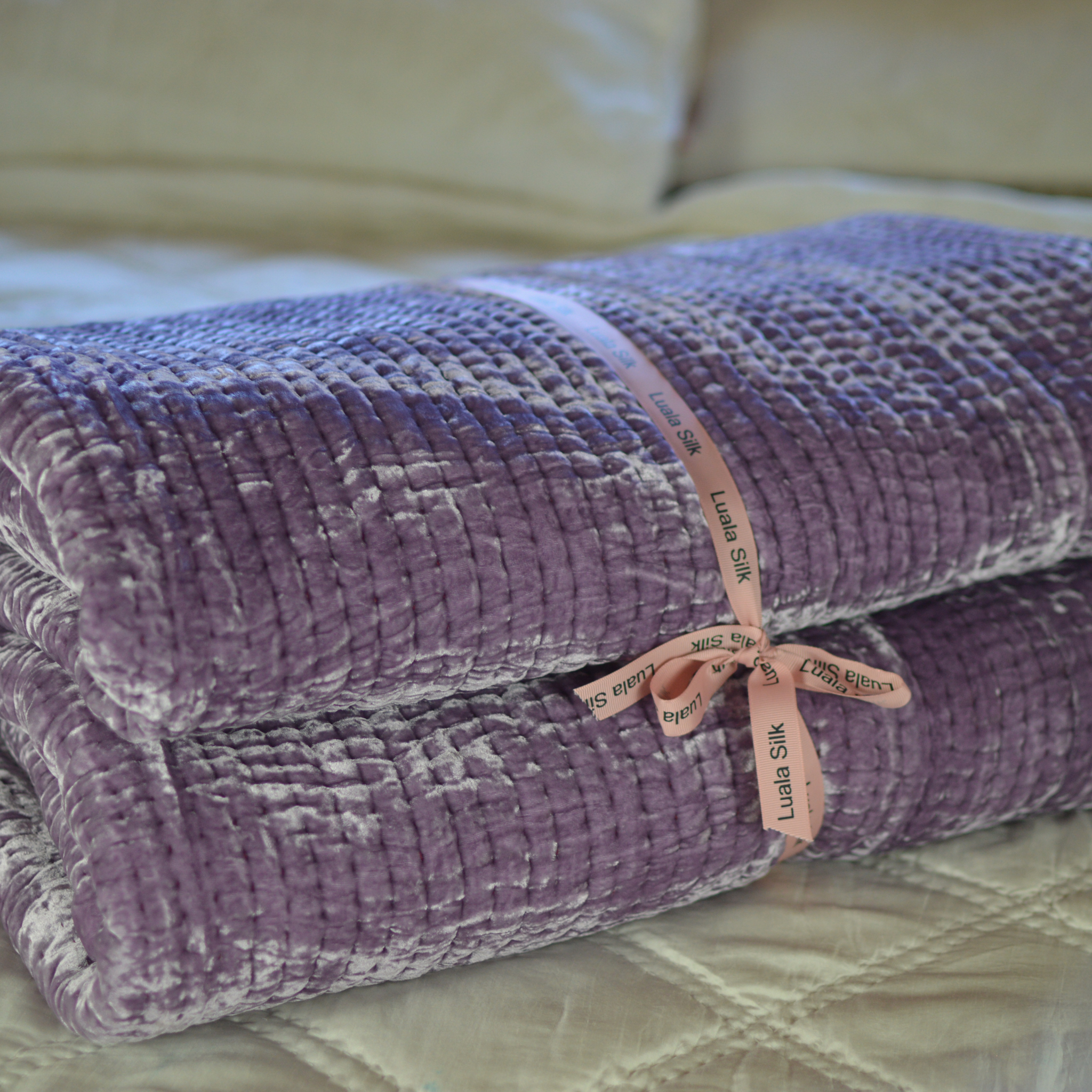 Silk Velvet Quilt & Shams-Line Hand Stitch - Silk Velvet Blanket Both Size - Lavender and Fuchsia