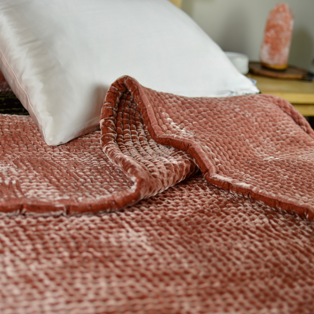 Kantha Silk Velvet Bedding Set - Line Hand Stitch- Sangria &amp; Salmon