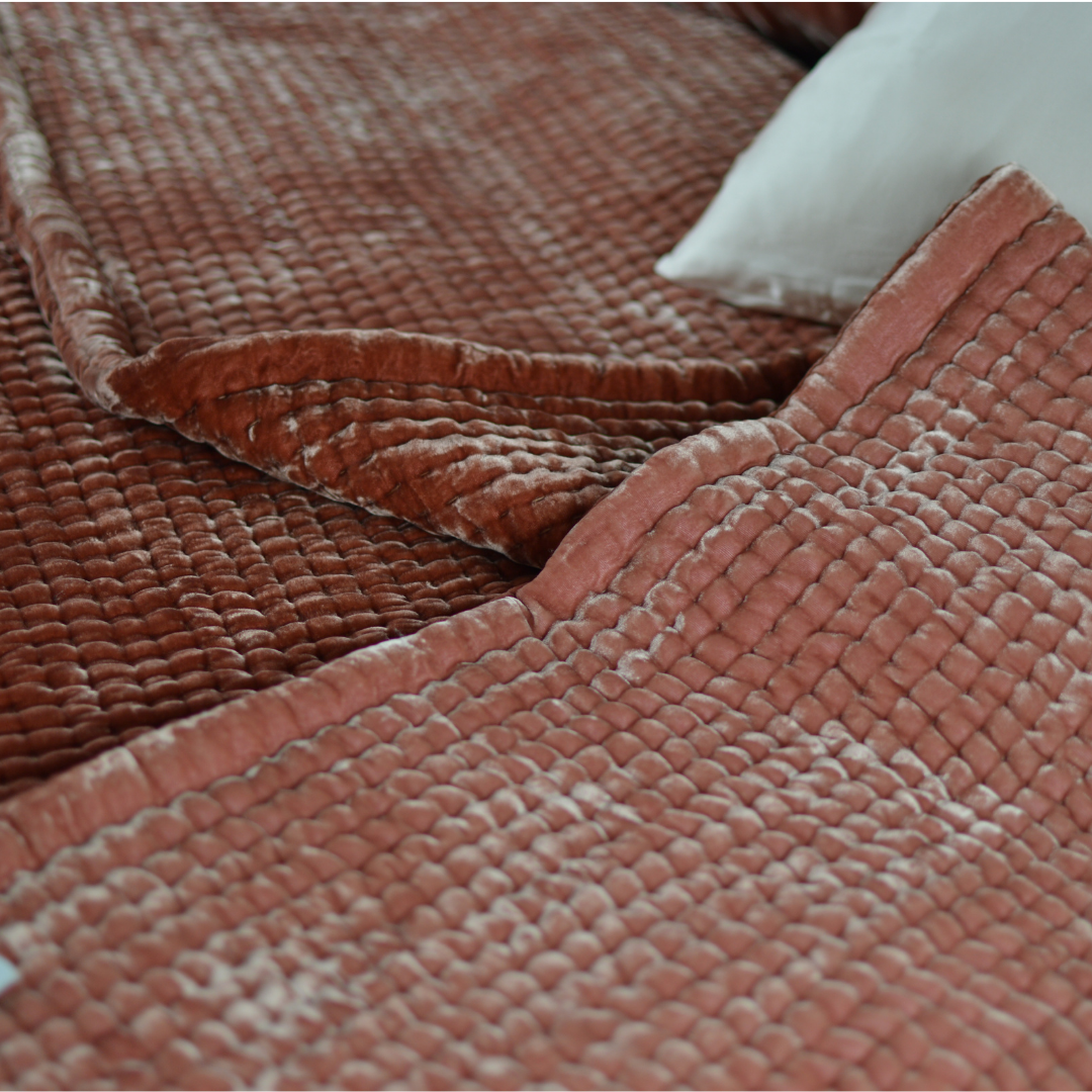 Kantha Silk Velvet Bedding Set - Line Hand Stitch- Sangria &amp; Salmon