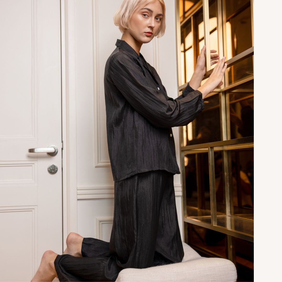 Luala Silk Washable Silk Pajamas Black oversize  PJ sets custom size