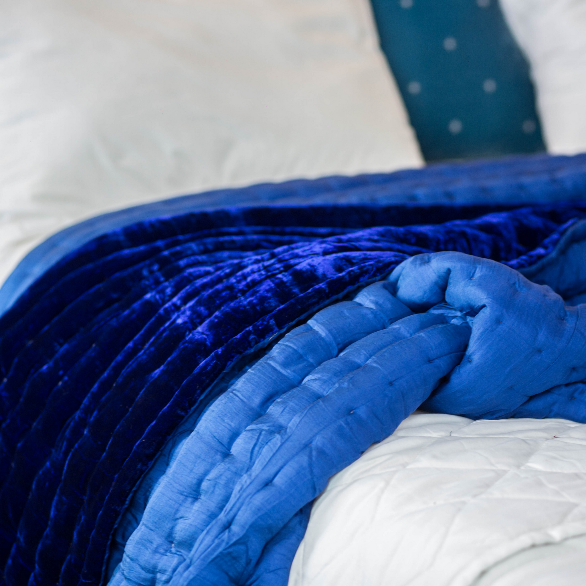 Silk Velvet Bedding Set - Quilted and Shams- Box Hand Stitch-Maastricht Blue