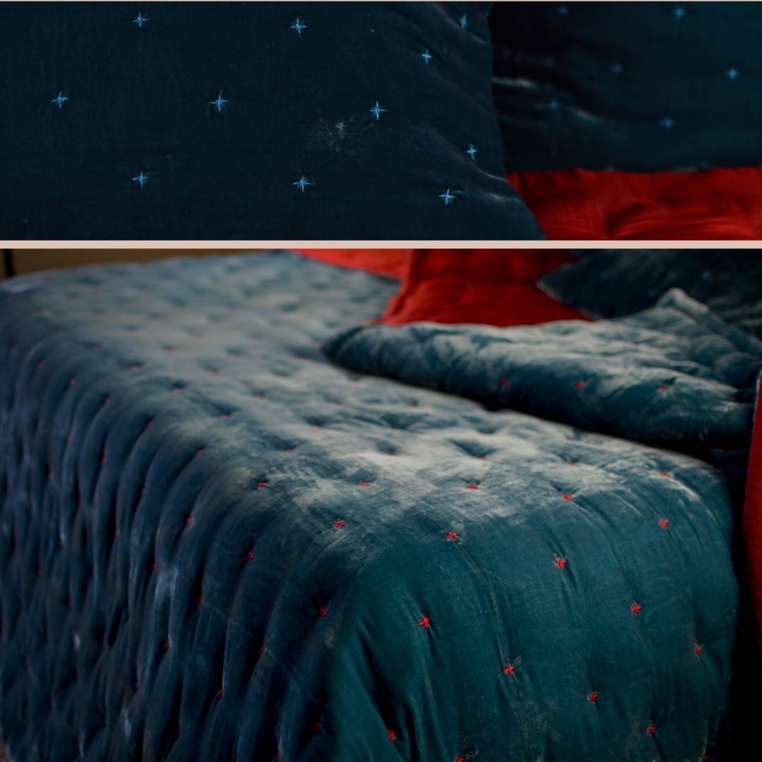Starry Silk Velvet Quilted Coverlet Bedspread Duvet-Midnight Blue