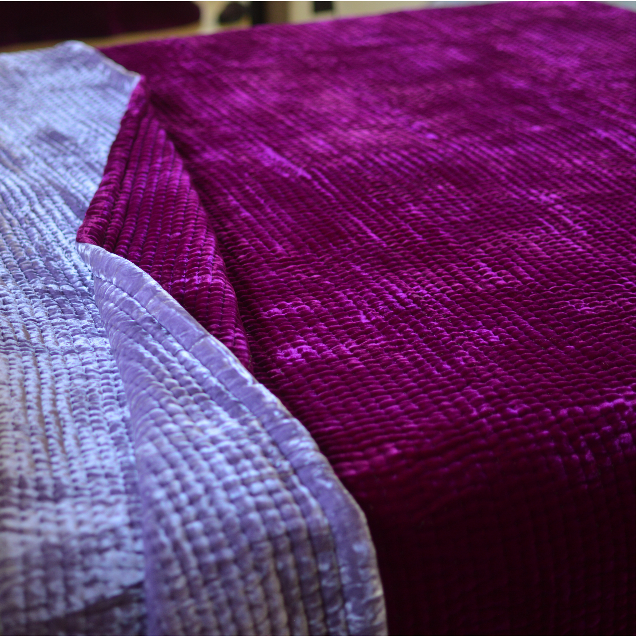 Silk Velvet Quilt & Shams-Line Hand Stitch - Silk Velvet Blanket Both Size - Lavender and Fuchsia
