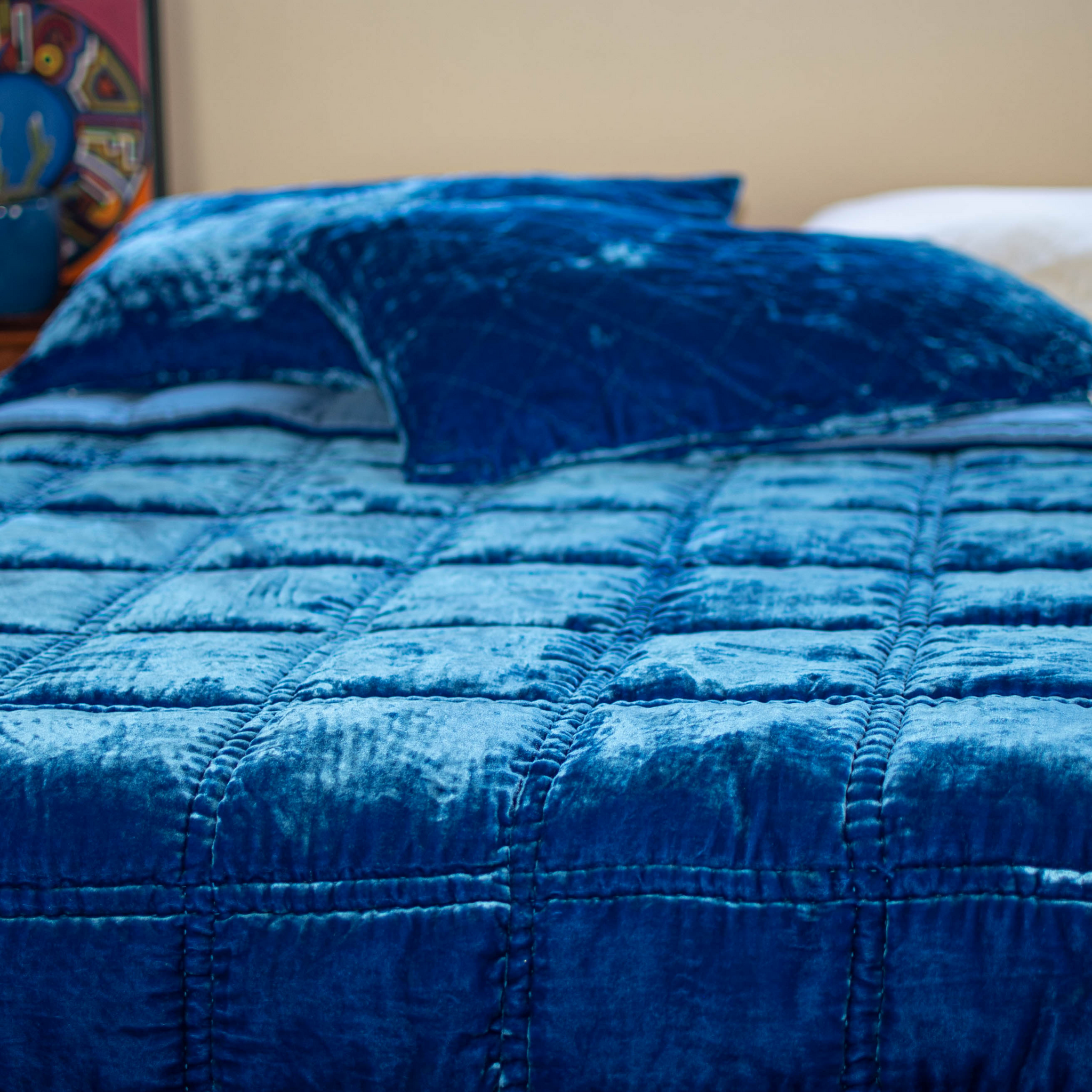 Silk Velvet Hand Quilted Bedspread- Big Square Hand Stitch-Egyptian Blue Personalized Monogramed Blanket