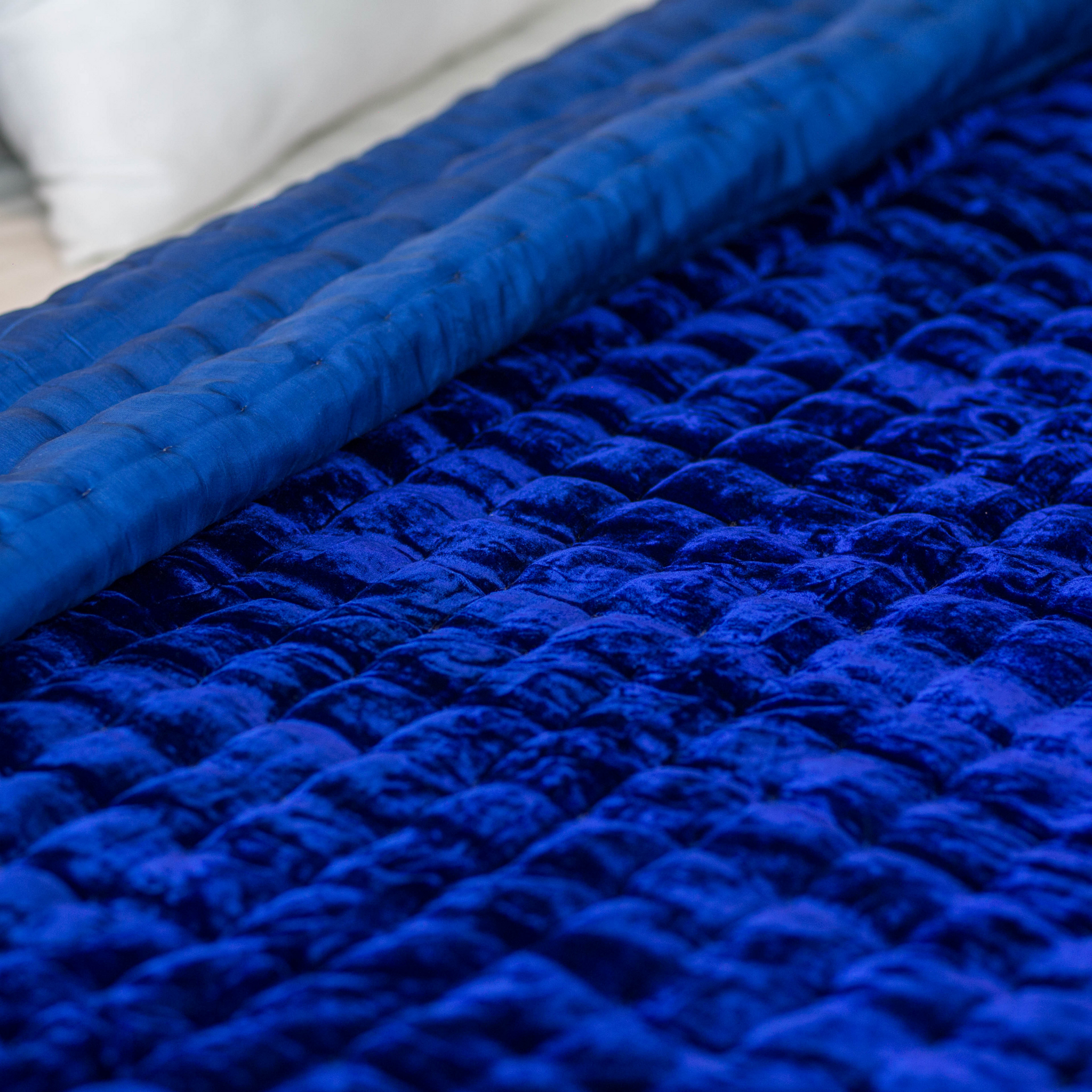 Silk Velvet Bedding Set - Quilted and Shams- Box Hand Stitch-Maastricht Blue
