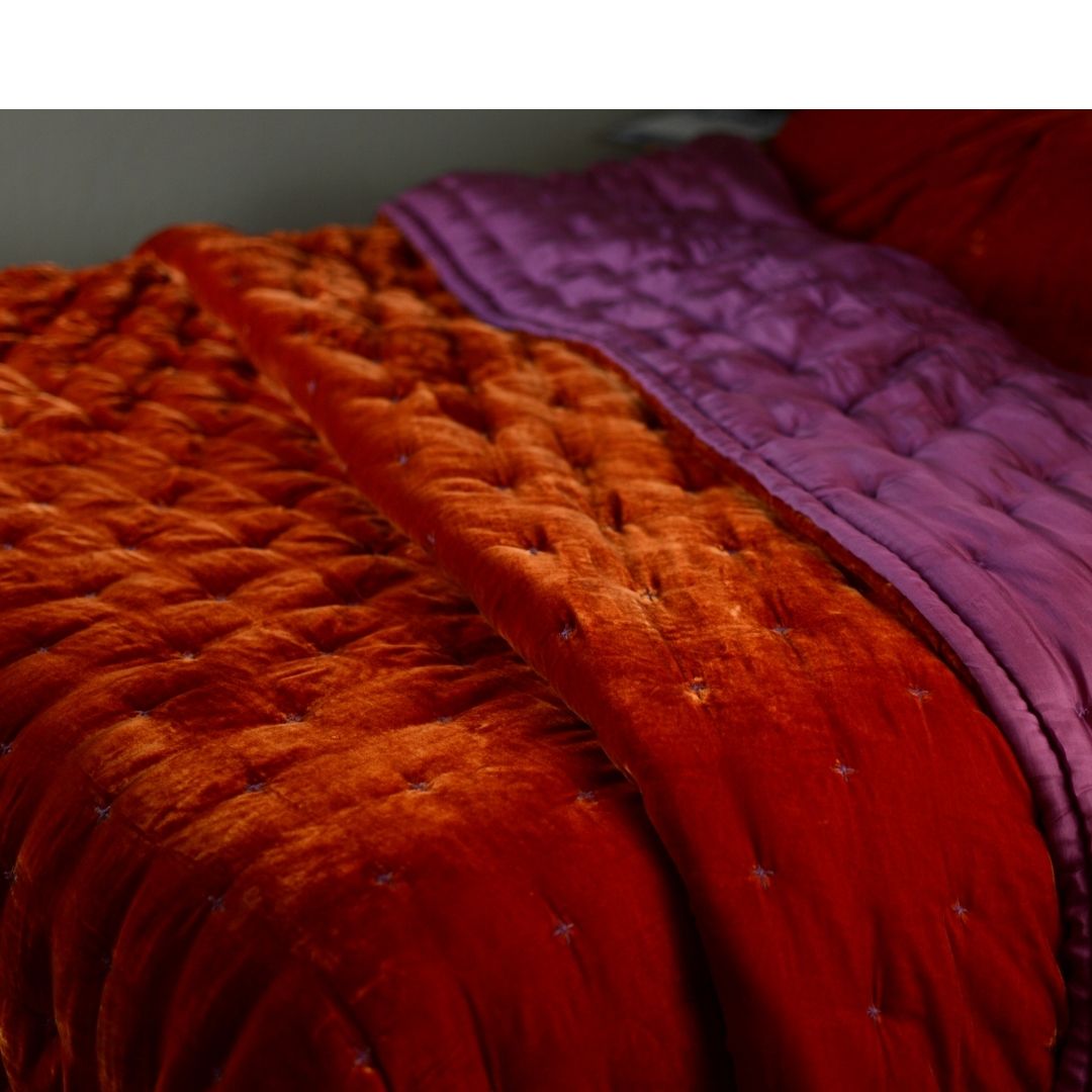 Silk Velvet Quilt - Starry Hand Stitching- Flame Silk Velvet