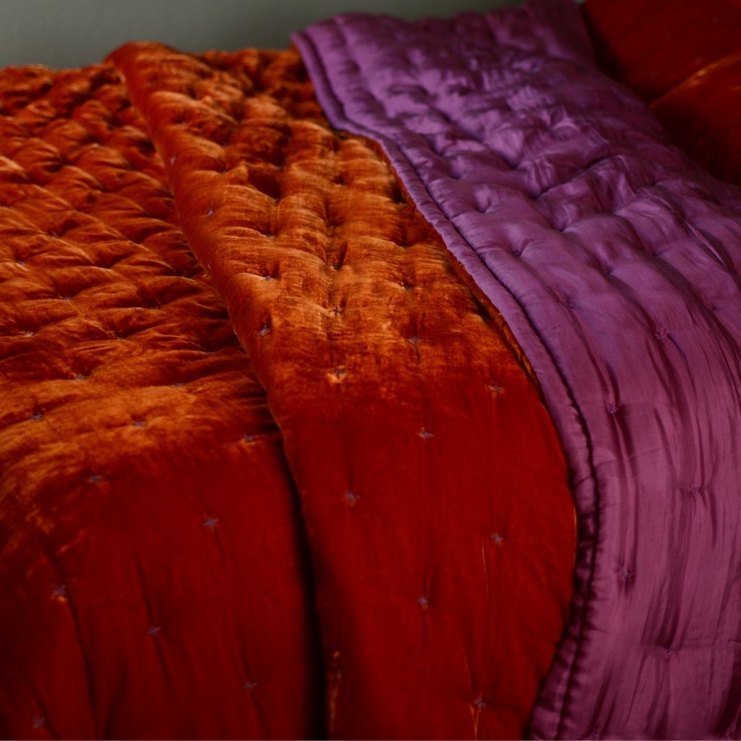 Silk Velvet Quilt - Starry Hand Stitching- Flame Silk Velvet