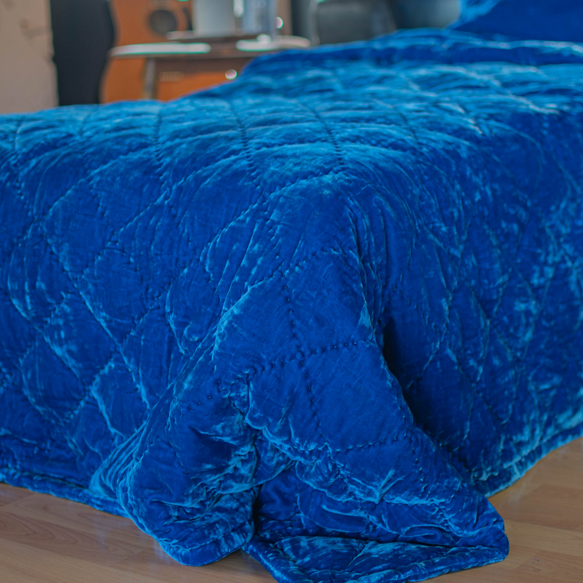 Silk Velvet Hand Quilted Duvet Cover -Diamond Hand Stitching- Egyptian Blue