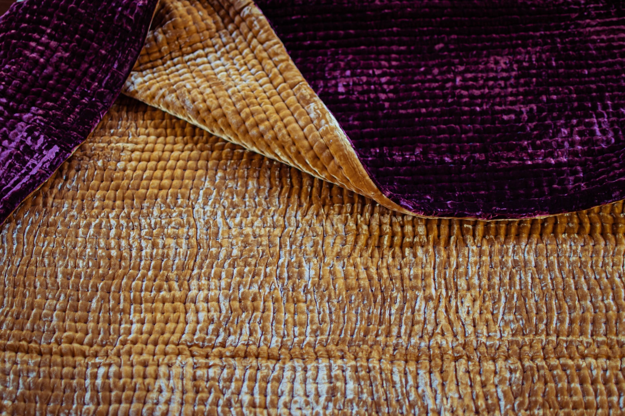Kantha Silk Velvet Quilt & Shams-Line Hand Stitch- Burgundy & Curry