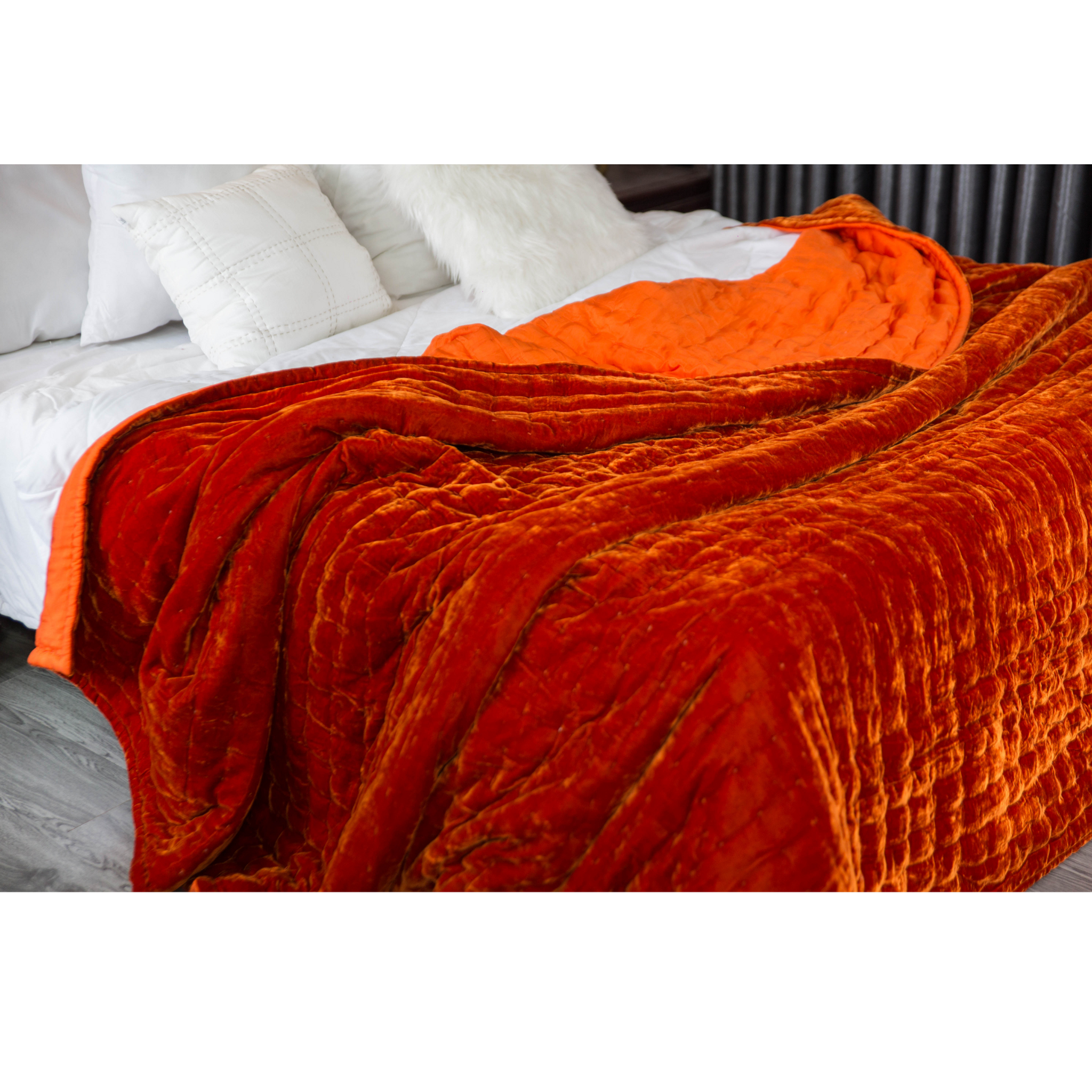 Silk Velvet Quilts & Throws|Hand Quilted Coverlet|Flame Orange|Starry