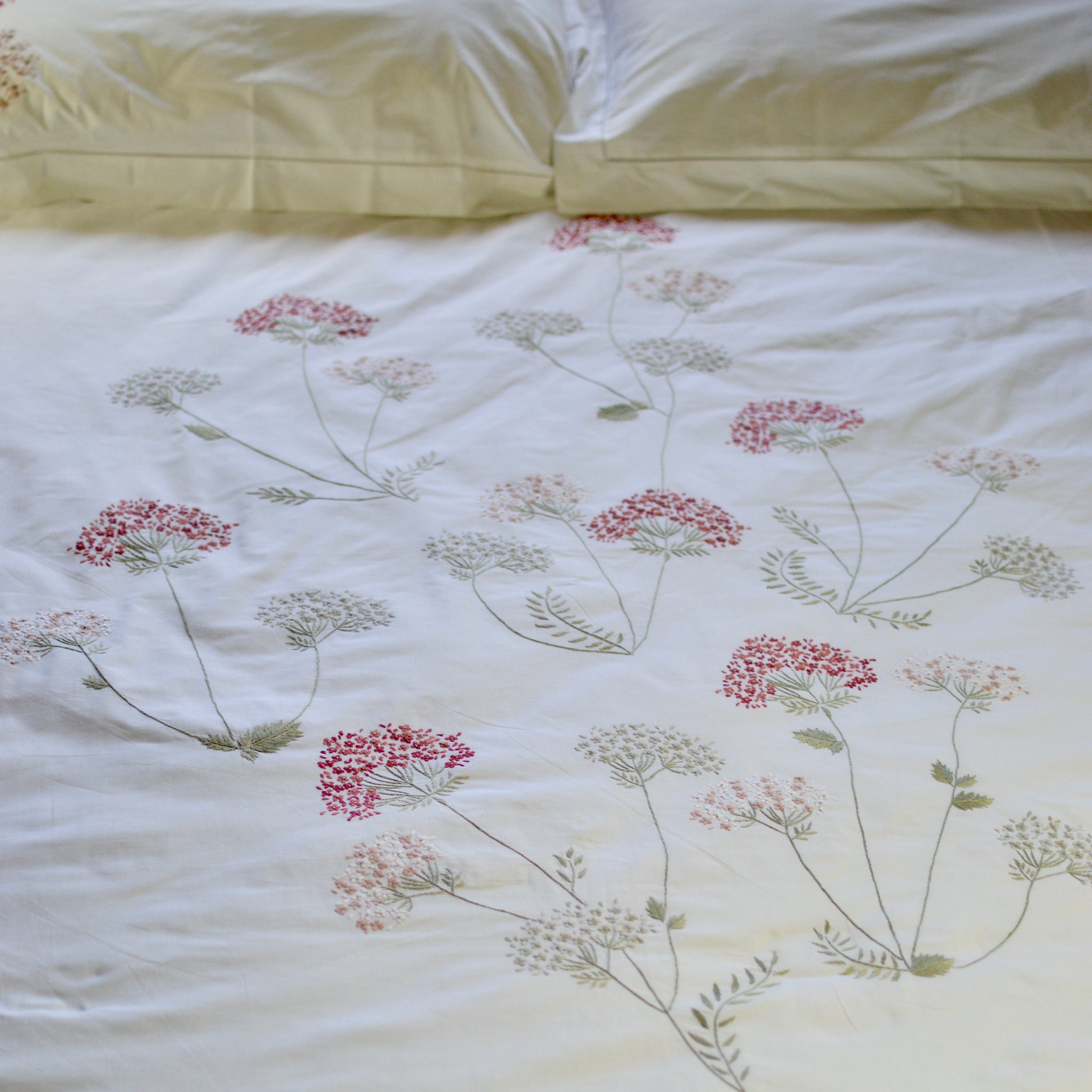 Hand Embroidered White Linen Bedding Set-Hydrangea