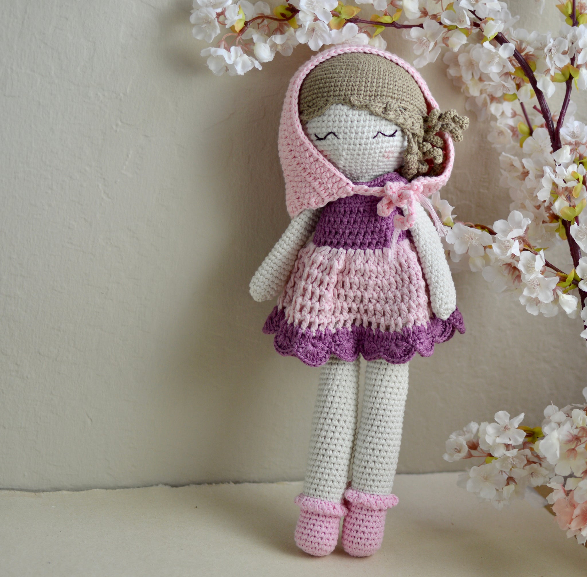 girl with hood baby crochet doll hand made toy gift for kids children's birthday
