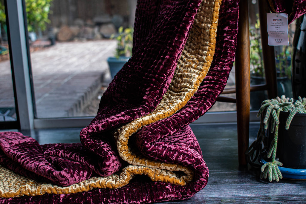 silk velvet quilt throw hand made kantha hand stitching 