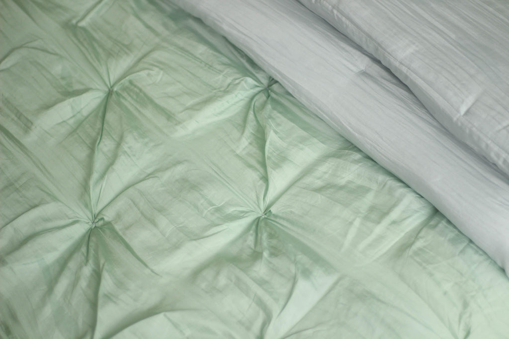 Asanoha Hand Quilted Mulberry Silk Bedding Set-Mint and Light Blue - Luala Silk