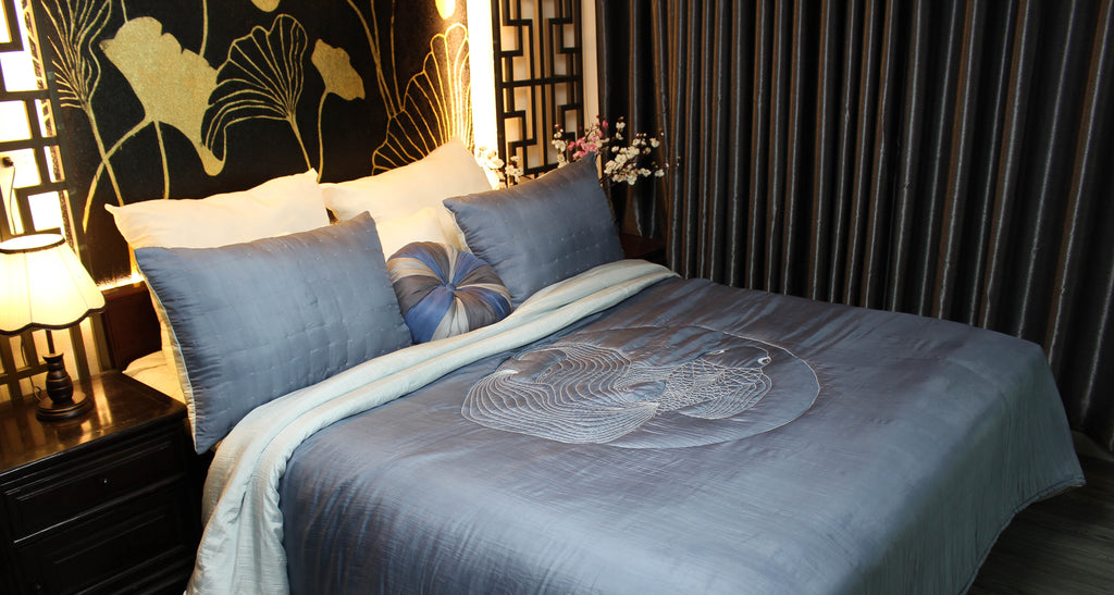 fish hand embroidered Vietnamese hand quilted duvet natural silk artisan made luxury silk bedding best gift bedroom decor