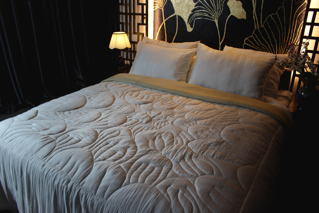 bud of chrysanthemum hand embroidered silk bedding silk blanket silk pillowcases Vietnamese artisans Luala Silk