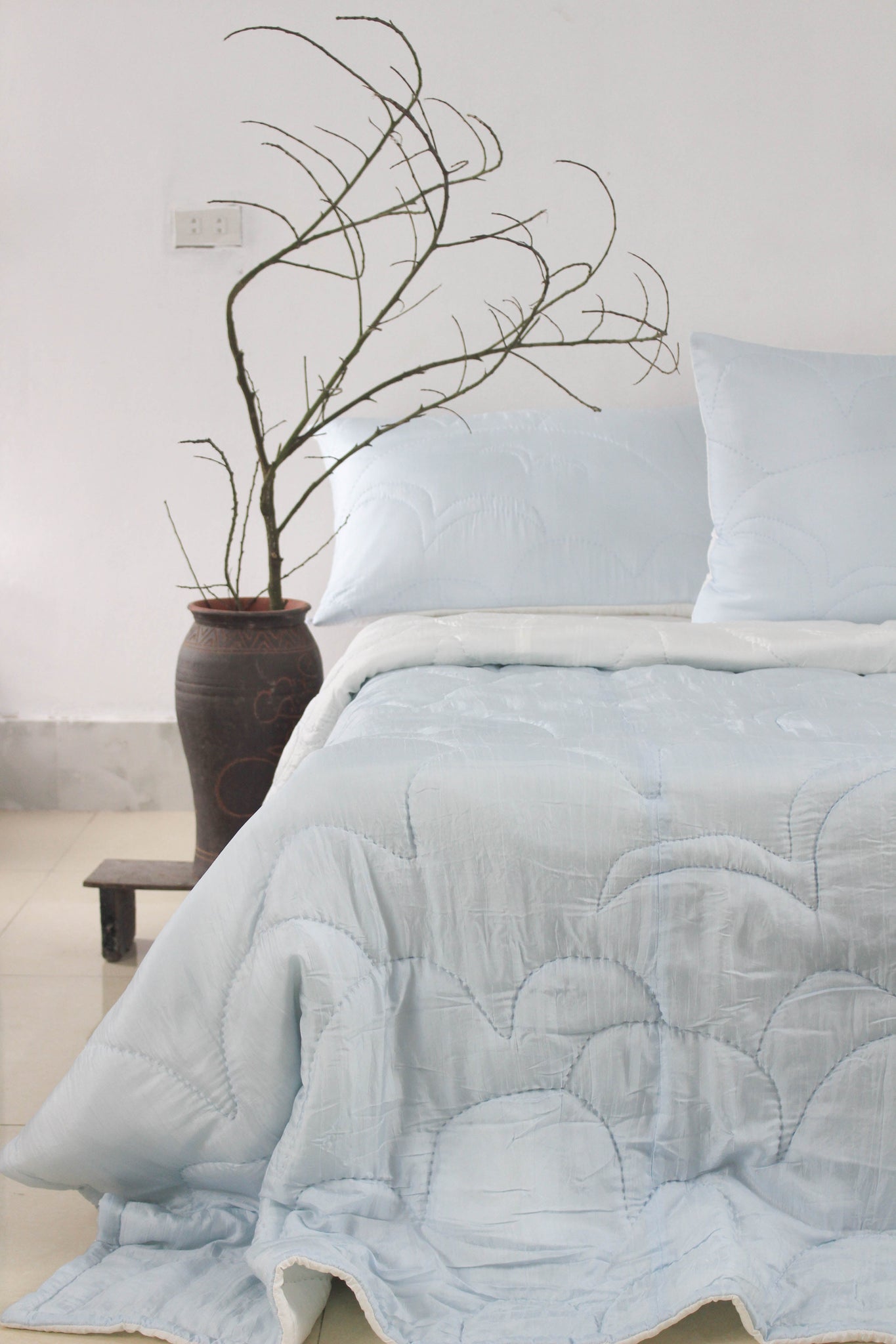 Mulberry Silk Quilt and Shams Set- Silk Comforter Set - Waves Hand embroidery - Light Blue